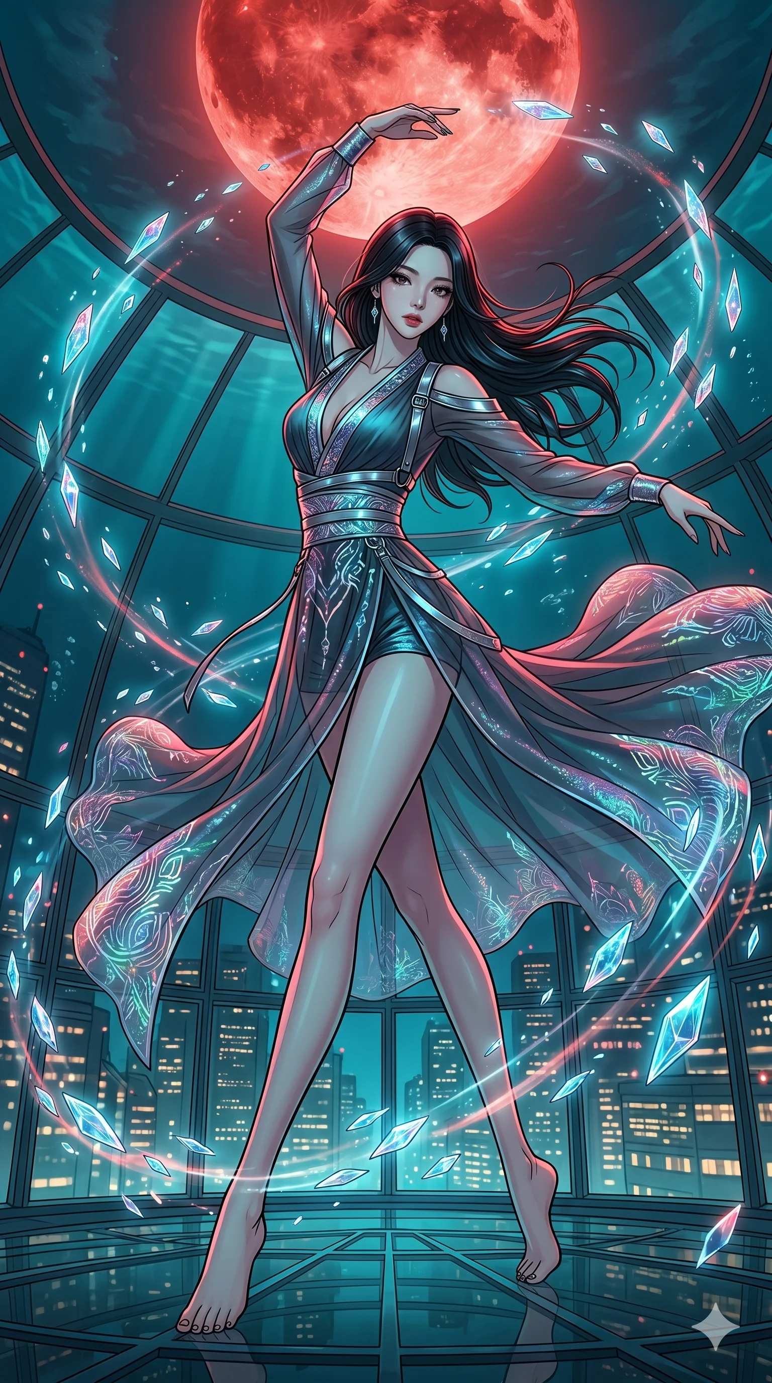 score_9, masterpiece, best quality, ultra-detailed, high-budget anime movie keyframe, cinematic anime lighting, intricate line art, Korean woman. Low angle cowboy shot filling the entire 9:16 frame with her statuesque presence. dancing with data-shards in a underwater city dome under a blood moon. She has an absolutely perfect 8-heads proportion, an exceptionally tall and slender female figure with an ultra-slim waist and impossibly long slender legs. sharp v-shaped jawline, high-bridge nose, intricate jewel-like eyes, thick eyelashes, glossy lips. Wearing modernized deep-plunging silk hanbok-fusion with metallic straps, a high-slit sheer skirt over micro-shorts, and holographic embroidered patterns. The scene is illuminated by dramatic atmospheric lighting and vibrant color palettes. , 2k, ultra detail, master piece, 9:16 ratio