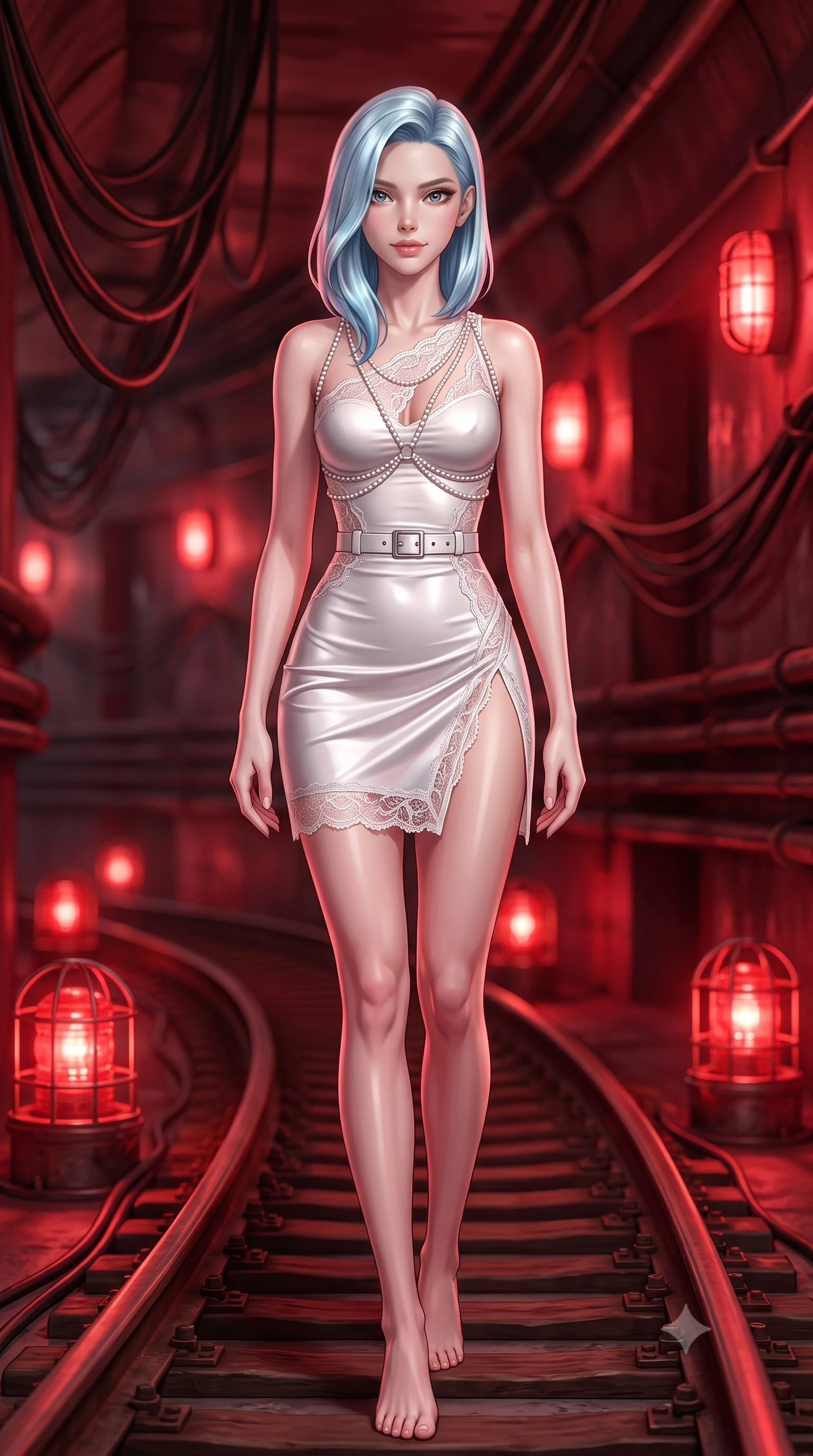 score_9, masterpiece, best quality, ultra-detailed, high-budget anime keyframe, semi-realistic 3D game render, editorial fashion photography, tasteful artistic composition, Korean woman. low angle full-body shot from head to toe showing her feet, filling the entire 9:16 vertical frame with her statuesque presence, stretching her vertical silhouette. stepping slowly toward the camera with hypnotic grace, hips swaying in an alluring sensual rhythm that accentuates her curvy hourglass silhouette and long slender legs while walking along the curved subway maintenance tracks, arching her back with predatory siren elegance as red emergency lights pulse. The background shows a soft-focus pulsing caged red emergency beacons, curving subway rails, and hanging electrical cables blurred into crimson, rust, and obsidian bokeh. She has an absolutely perfect, statuesque 8.5-heads proportion, an exceptionally tall and slender model-like female figure with impossibly long slender legs, an ultra-slim waist, a flat toned midriff, narrow delicate ribcage, and beautifully sculpted feminine hips creating a graceful, slim hourglass silhouette without any bulky heaviness. sharp v-shaped jawline, high-bridge nose, sparkling eyes with hypnotic seductive depth, thick curled eyelashes, glossy parted lips with a natural dewy peach sheen, alluring bedroom-eyes with an enchanting coquettish smile, exuding magnetic siren charisma and sophisticated glamour, flawlessly proportioned anatomical accuracy, strict slender model proportions, natural body alignment, perfectly sculpted long slender limbs, ultra-slim waistline, clean dynamic posture without body distortion. wearing an asymmetric one-shoulder tactical compression mini dress with a dramatic hip-high slit and utility harness belt in pure pearl alabaster with liquid platinum sheen, made of delicate semi-sheer French Chantilly lace with intricate eyelash edges, accented with a pearl-drop body harness subtly framing her dewy collarbones and spine, the liquid-tight tailored fabric clinging flawlessly to her narrow waist and rounded feminine hips, emphasizing every millimeter of her sculpted slim hourglass curves without any bulky heaviness. bathed in rhythmic crimson strobe glow from industrial bulkhead wall fixtures. highly saturated vibrant anime colors, detailed shading with soft gradients, rich glossy textures, high-contrast stereoscopic depth, volumetric dynamic lighting, master piece, 9:16 ratio