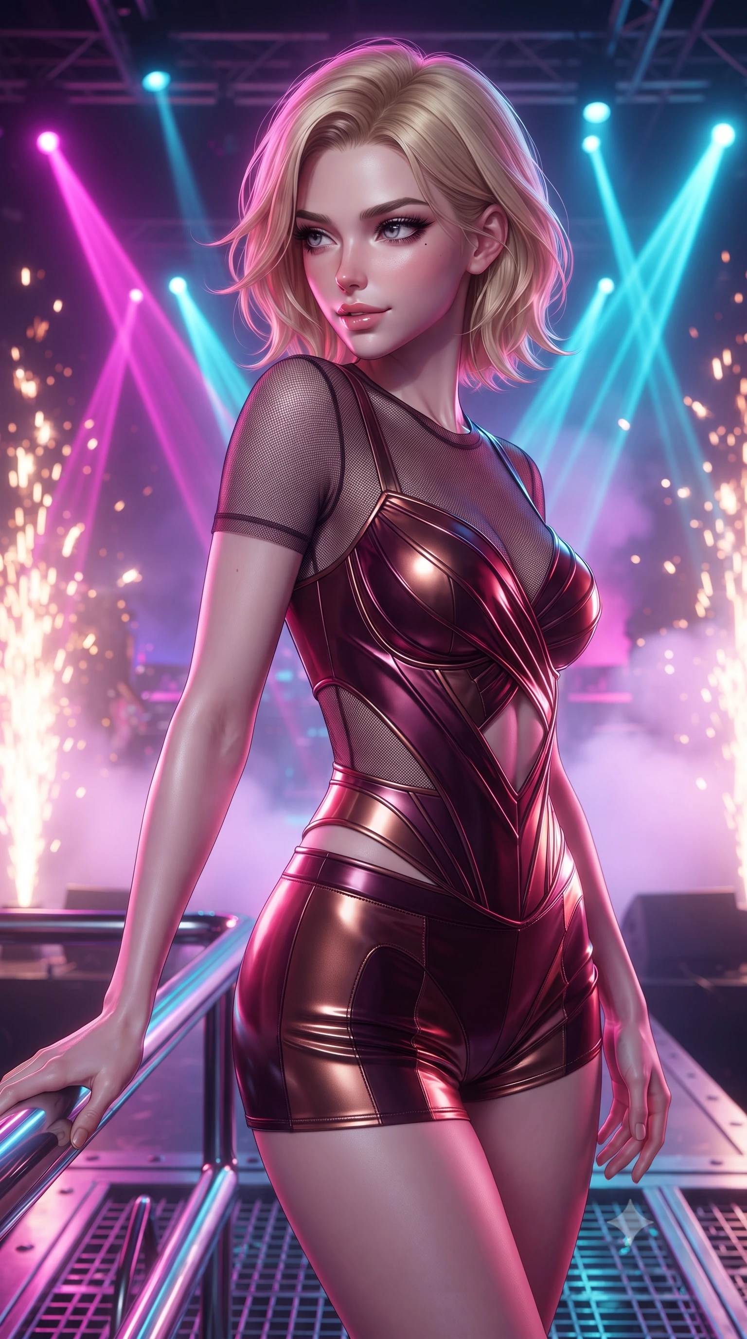 score_9, masterpiece, best quality, ultra-detailed, high-budget anime keyframe, editorial fashion photography, tasteful artistic composition, Caucasian woman. close-up cowboy shot from the waist and thighs up, the character dominates the composition, filling the frame with her large presence, background elements kept in soft focus. Glancing sidelong over her shoulder with a smoldering half-smile and heavy lashes poised on a hydraulic lift platform surrounded by dazzling pyrotechnic sparks, intense volumetric laser beams cutting through stage fog in magenta and cyan. She has an exceptionally elegant, slender, and willowy female figure with an ultra-slim waist, a gracefully sculpted slender torso, and a refined silhouette. sharp v-shaped jawline, high-bridge nose, intricate jewel-like eyes with depth, thick eyelashes, glossy lips with a natural sheen. wearing a chrome-plated structured bodice worn over a sheer mesh top and micro-shorts in deep burgundy and bronze, crafted from lustrous satin jersey with fluid draping, featuring subtle geometric cutouts that highlight her ultra-slim midriff, the sleek second-skin texture accentuating her magnetic presence. bathed in intense volumetric stage spotlights and vivid neon rim lights. ultra-reflective glossy finish, specular highlights, metallic sheen, high-contrast stereoscopic depth, volumetric dynamic lighting, 2k, ultra detail, master piece, 9:16 ratio