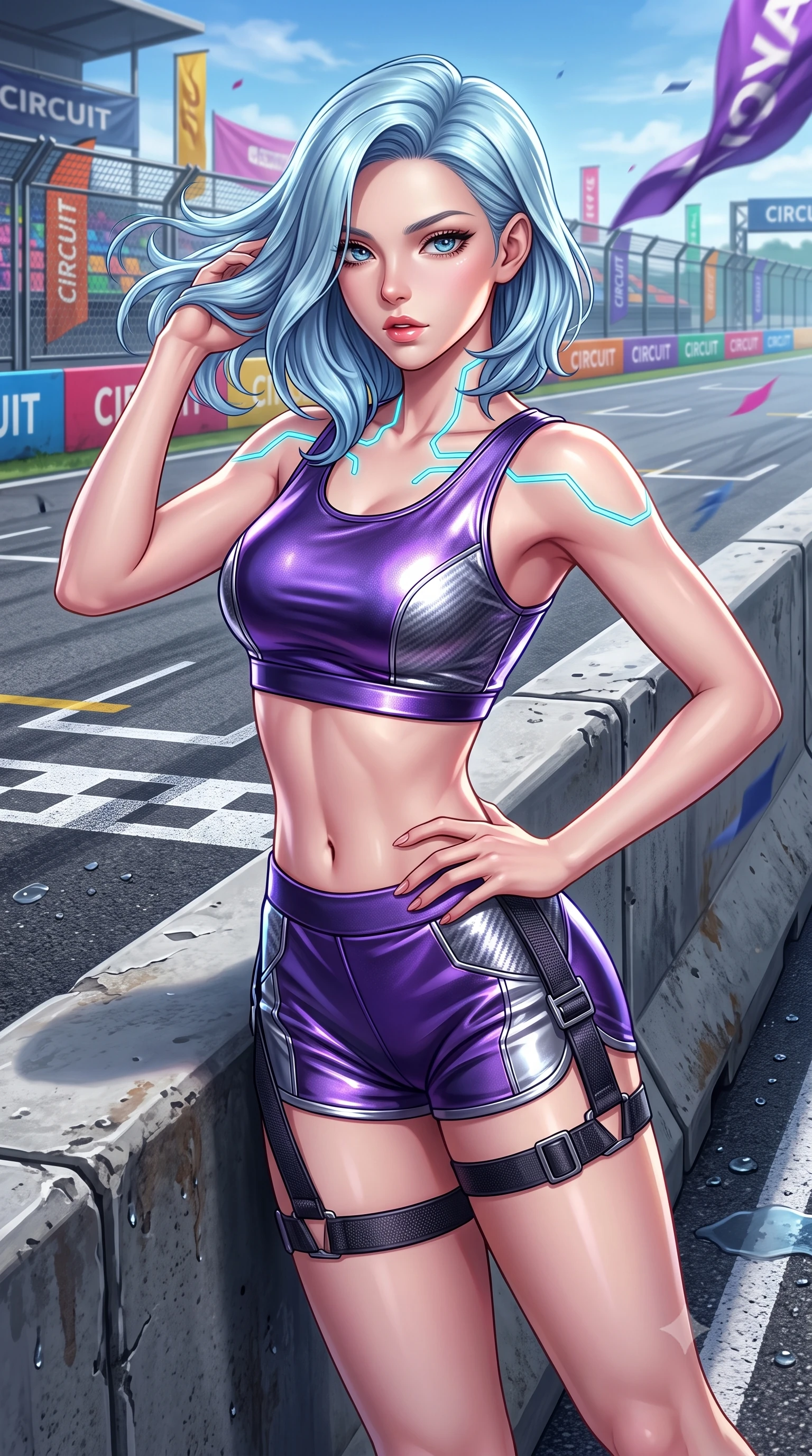 score_9, masterpiece, best quality, ultra-detailed, high-budget anime keyframe, semi-realistic 3D game render, editorial fashion photography, tasteful artistic composition, Korean woman. close-up cowboy shot from the waist and thighs up, the character dominates the composition, filling the frame with her large presence. arching her spine in an alluring serpentine S-curve, one hand resting on her waist with parted glossy lips and an intensely magnetic gaze while leaning against a heavy track barrier, tossing her hair over one shoulder as wind whips the racing circuit banners. The surrounding environment is rendered in vivid detail and crisp panoramic clarity. crisp starting grid painted lines, rain droplet beads on leather jacket, and circuit fencing in deep focus. She has an exceptionally elegant, slender, and willowy female figure with an ultra-slim waist, a gracefully sculpted slender torso, toned flat midriff, and a refined slim silhouette. sharp v-shaped jawline, high-bridge nose, intricate jewel-like eyes with depth, thick eyelashes, glossy parted lips with a natural sheen, intensely captivating and seductive expression, flawlessly proportioned anatomical accuracy, strict slender model proportions, natural body alignment, perfectly sculpted long slender limbs, ultra-slim waistline, clean dynamic posture without body distortion. wearing a metallic leather crop tank with high-waist track shorts and tactical leg harness straps in toxic ultraviolet purple and chrome silver, formed from ultra-sleek carbon-fiber reinforced composite with specular sheen, finished with glowing cyan circuit lines tracing her collarbones and shoulders, the athletic second-skin cut highlighting her toned flat midriff and slender model proportions during dynamic action. illuminated by crisp directional rim lighting sharply defining her razor-sharp jawline and feminine curves. highly saturated vibrant anime colors, detailed shading with soft gradients, rich glossy textures, high-contrast stereoscopic depth, volumetric dynamic lighting, master piece, 9:16 ratio