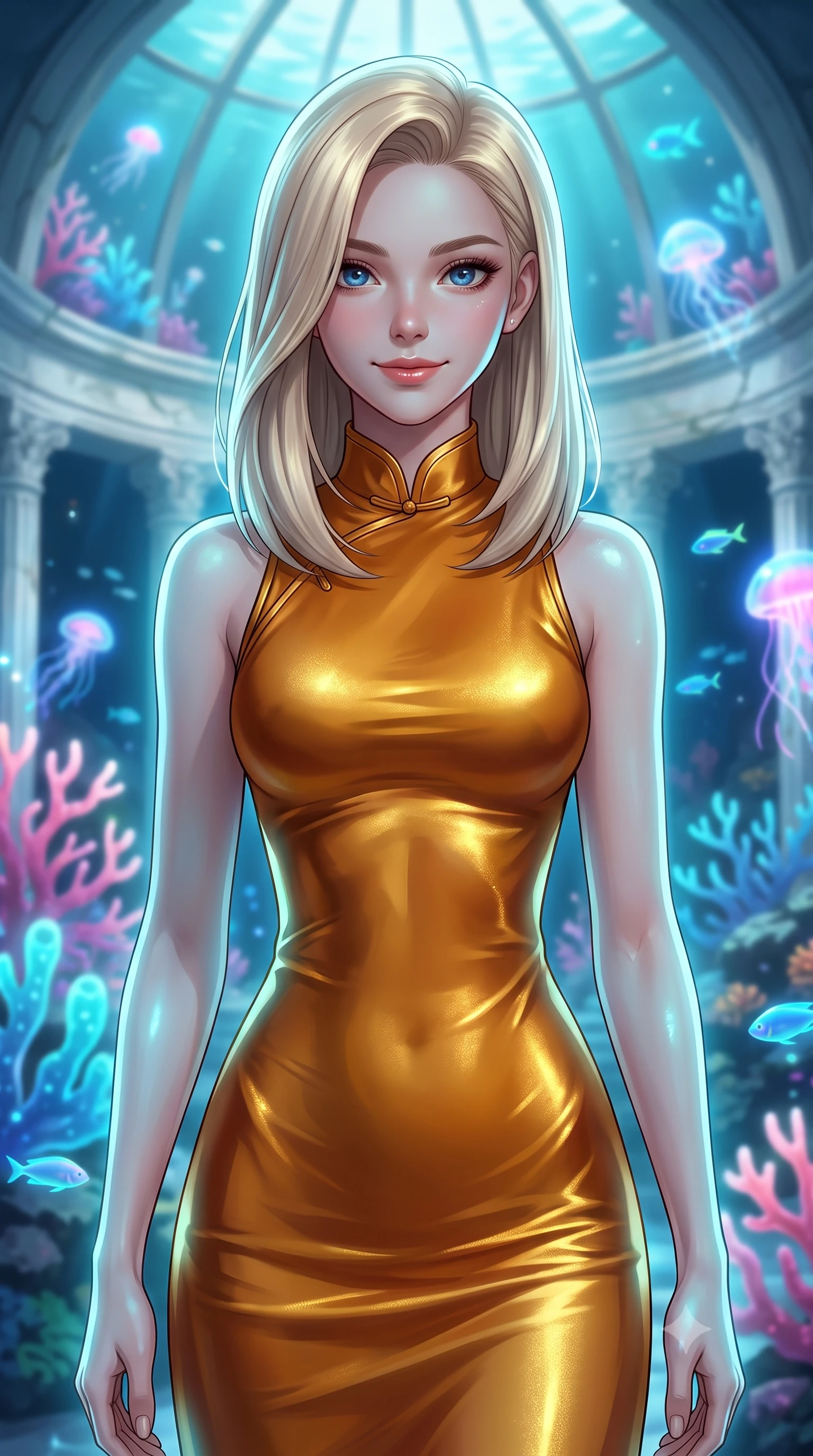 score_9, masterpiece, best quality, ultra-detailed, high-budget anime keyframe, editorial fashion photography, tasteful artistic composition, Caucasian woman, strictly human ears. close-up cowboy shot from the waist and thighs up, the character dominates the composition, filling the frame with her large presence, background elements kept in soft focus. Casting a soft, warm, affectionate smile with glowing eyes. set against a soft-focus background of inside a submerged ancient white marble conservatory under a giant underwater glass dome, filled with glowing corals and neon sea creatures. She has an exceptionally elegant, slender, and willowy female figure with a highly-defined ultra-slim waist, a gracefully sculpted slender torso, and a refined slim-fit silhouette that contours her form. sharp v-shaped jawline, high-bridge nose, intricate jewel-like eyes with depth, thick eyelashes, glossy lips with a natural sheen. wearing a form-contouring qipao-inspired midi dress in liquid amber silk with a mandarin collar, catching gold reflections along her curves. soft aqua bioluminescent light making her skin luminously glow against darkness. 2k, ultra detail, master piece, 9:16 ratio