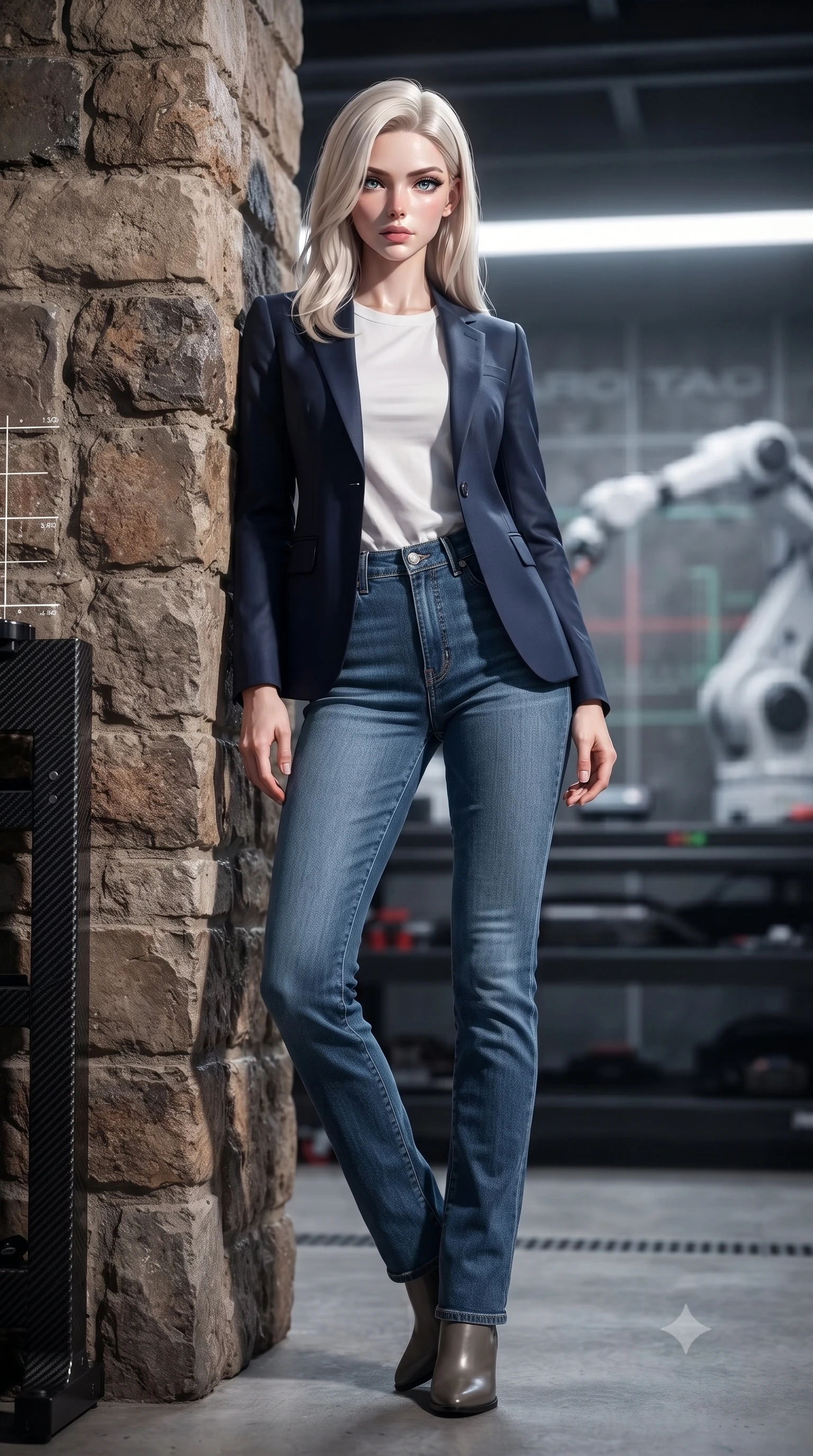 score_9, masterpiece, best quality, ultra-detailed, high-budget anime keyframe, editorial fashion photography, tasteful artistic composition, Caucasian woman. low angle full-body shot from head to toe showing her feet, filling the entire 9:16 vertical frame with her statuesque presence, stretching her vertical silhouette. leaning back against a rustic stone wall, casting a slow, alluring gaze at the camera the background shows a soft-focus an automated vehicle tuning bay with laser calibration grids and carbon fiber racks. She has an absolutely perfect, statuesque 8.5-heads proportion, an exceptionally tall and slender model-like female figure with impossibly long slender legs and an ultra-slim waist. sharp v-shaped jawline, high-bridge nose, intricate jewel-like eyes with depth, thick eyelashes, glossy lips with a natural sheen. wearing a form-contouring classic navy blue blazer over a white crewneck shirt and straight-leg blue jeans. sharp white spotlights casting clean, structured shadows across her pose. ultra-reflective glossy finish, specular highlights, metallic sheen, high-contrast stereoscopic depth, volumetric dynamic lighting, 2k, ultra detail, master piece, 9:16 ratio