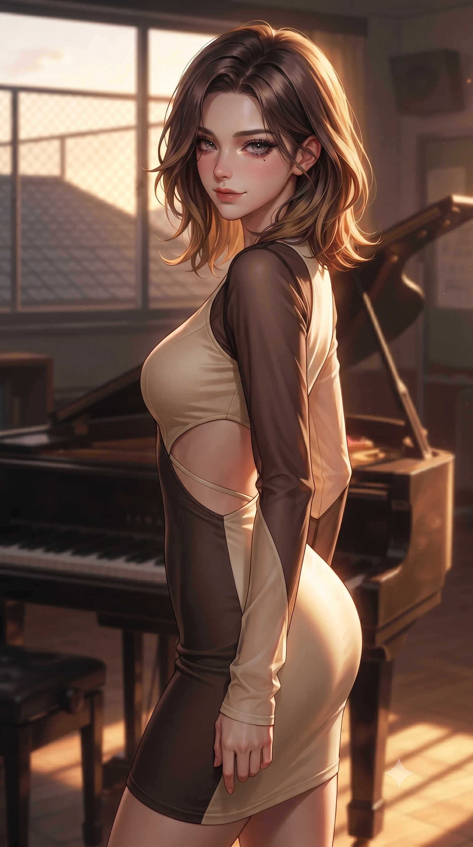 score_9, masterpiece, best quality, ultra-detailed, high-budget anime keyframe, editorial fashion photography, tasteful artistic composition, Korean woman. close-up cowboy shot from the waist and thighs up, the character dominates the composition, filling the frame with her large presence, background elements kept in soft focus. Glancing sidelong over her shoulder with a smoldering half-smile and heavy lashes poised beside an antique grand piano in an empty music classroom at dusk, golden hour sunbeams casting dramatic fence grid shadows on the roof deck. She has an exceptionally elegant, slender, and willowy female figure with an ultra-slim waist, a gracefully sculpted slender torso, and a refined silhouette. sharp v-shaped jawline, high-bridge nose, intricate jewel-like eyes with depth, thick eyelashes, glossy lips with a natural sheen. wearing a sleek bodycon knit dress with sheer organza sleeve panels in espresso brown and warm cream, crafted from smooth liquid silk, featuring clean architectural cutouts along her slender torso, the glove-like fit emphasizing her statuesque silhouette. bathed in brilliant golden hour sunset rays and warm amber ambient light. ultra-reflective glossy finish, specular highlights, metallic sheen, high-contrast stereoscopic depth, volumetric dynamic lighting, 2k, ultra detail, master piece, 9:16 ratio