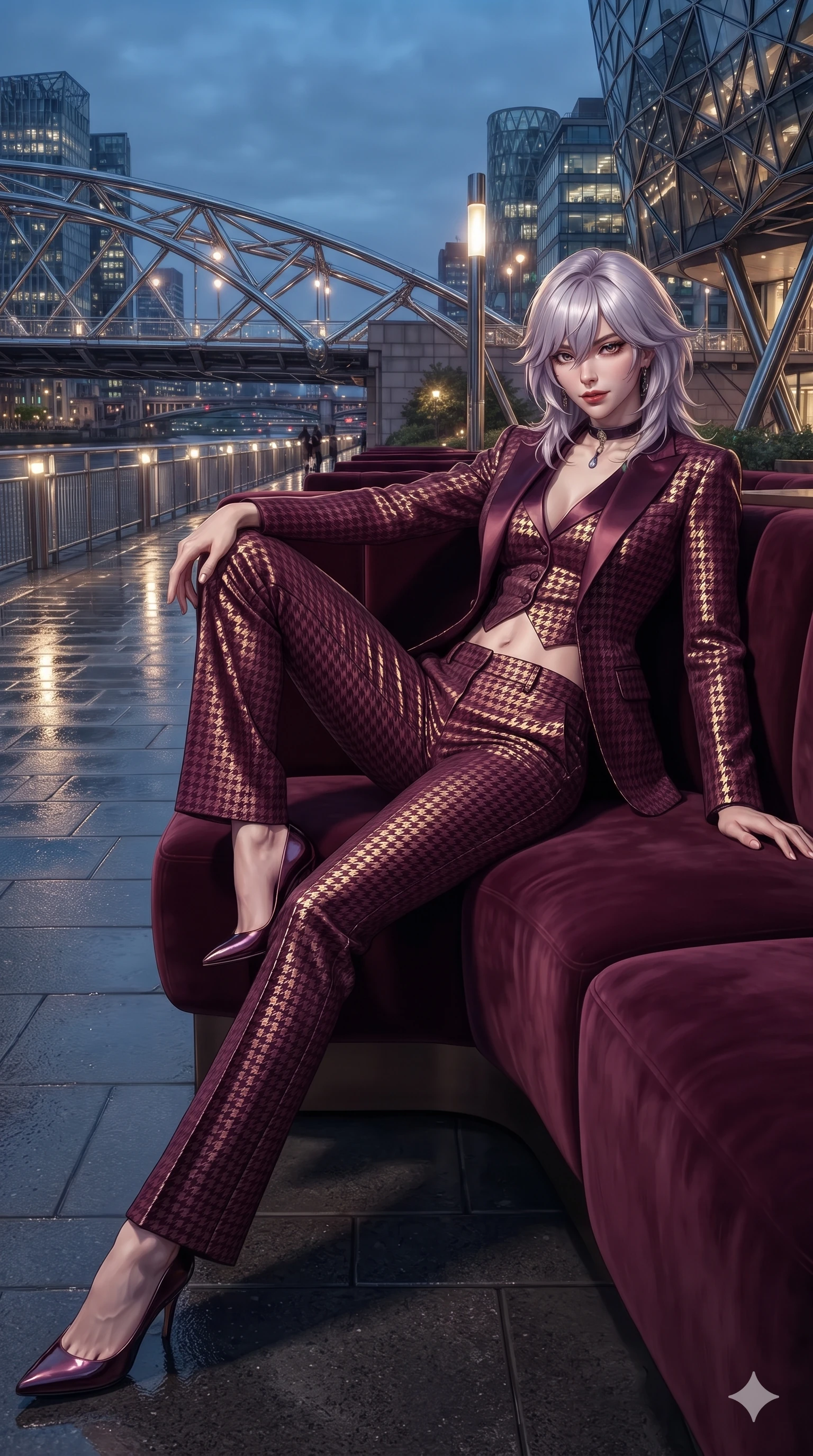 score_9, masterpiece, best quality, ultra-detailed, high-budget anime keyframe, editorial fashion photography, tasteful artistic composition, Japanese woman. low angle full-body shot from head to toe showing her feet, filling the entire 9:16 vertical frame with her statuesque presence, stretching her vertical silhouette. reclining languidly across the velvet banquette with one knee bent and hips angled toward the camera, displaying her toned midriff and long slender limbs with effortless sensual charisma while walking along the illuminated riverwalk with hypnotic grace, hips swaying in an alluring sensual rhythm that accentuates her curvy silhouette. The surrounding environment is rendered in vivid detail and crisp panoramic clarity: detailed liquid-tight tailored bodysuit tailoring, chrome hardware accents, and riverside engineering in razor-sharp clarity. She has an exceptionally tall and slender model-like 8.5-heads proportion, an ultra-slim waist, a flat toned midriff, narrow delicate ribcage, and beautifully sculpted feminine hips creating a graceful, slim hourglass silhouette without any bulky heaviness, with impossibly long slender legs. sharp v-shaped jawline, high-bridge nose, intricate jewel-like dark sparkling eyes with dangerous depth, thick curled eyelashes, glossy parted lips with a rich wine sheen, smoldering seductive half-smile with bedroom-eyes, exuding effortless superiority and intoxicating dark allure, flawlessly proportioned anatomical accuracy, strict slender model proportions, natural body alignment, perfectly sculpted long slender limbs, ultra-slim waistline, clean dynamic posture without body distortion. wearing a structured high-neck houndstooth tailored pantsuit with liquid satin lapels in deep wine burgundy and lustrous gold foil, tailored from rich silk jacquard with subtle embossed baroque patterns, finished with a minimalist chrome choker and a single teardrop pendant, the impeccably tailored cut draping gracefully along her slender figure with aristocratic noir poise. illuminated by wet pavement bounce and sharp sapphire-cyan rim lights defining her razor-sharp jawline, narrow waist, and curvy hips. ultra-reflective glossy finish, specular highlights, rich textural contrasts, high-contrast stereoscopic depth, volumetric dynamic lighting, 2k, ultra detail, master piece, 9:16 ratio