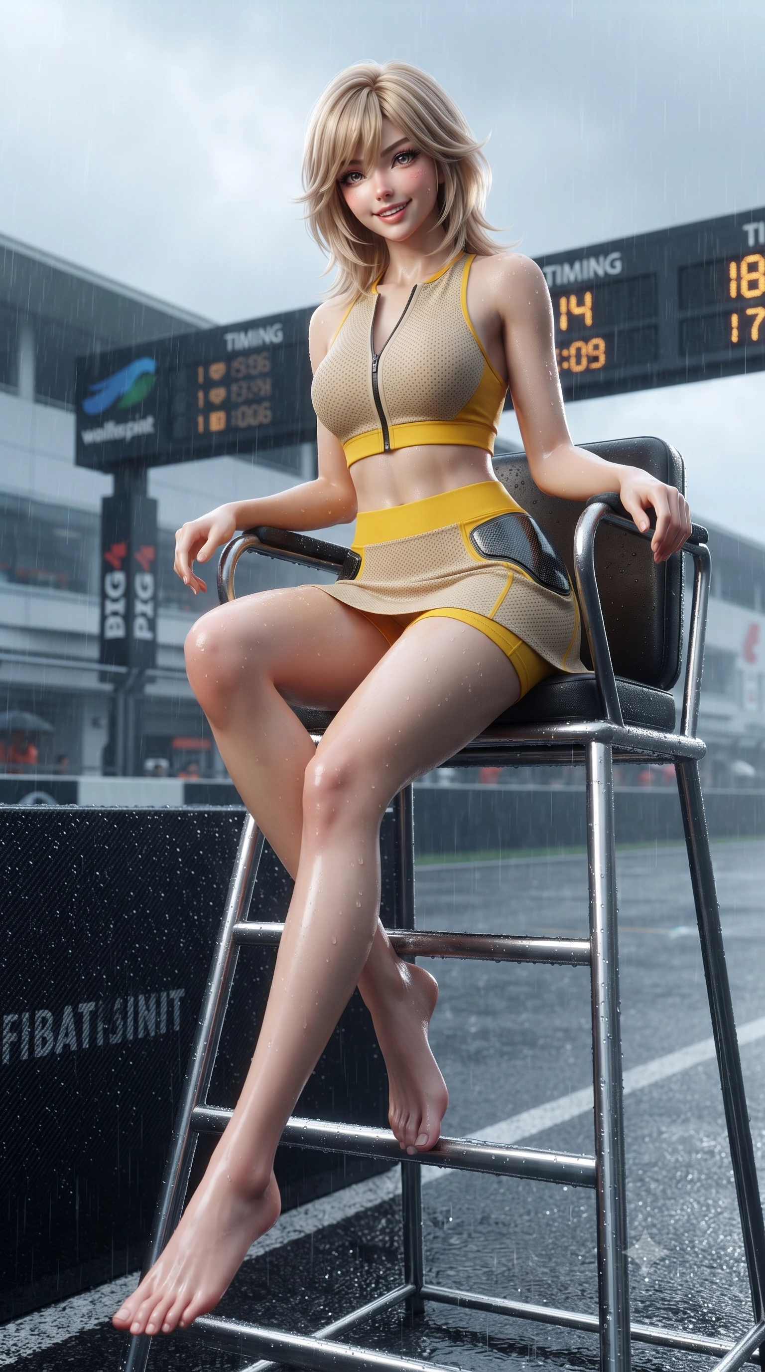 score_9, masterpiece, best quality, ultra-detailed, high-budget anime keyframe, editorial fashion photography, tasteful artistic composition, Japanese woman. low angle full-body shot from head to toe showing her feet, filling the entire 9:16 vertical frame with her statuesque presence, stretching her vertical silhouette. sitting perched on the elevated umpire chair with legs crossed and hips angled toward the camera, displaying her toned midriff and long slender limbs with joyful, coquettish charm while sitting perched on the pit wall barrier with legs crossed, her long slender limbs and tight leather suit commanding the rain-soaked Japanese circuit. The surrounding environment is rendered in vivid detail and crisp panoramic clarity: sharp rain droplet beads on carbon fiber panels, wet tarmac specular highlights, and pit wall electronic timing boards in deep focus. She has an absolutely perfect, statuesque 8.5-heads proportion, an exceptionally tall and slender model-like female figure with impossibly long slender legs, an ultra-slim waist, a flat toned midriff, narrow delicate ribcage, and beautifully sculpted feminine hips creating a graceful, slim hourglass silhouette without any bulky heaviness. sharp v-shaped jawline, high-bridge nose, sparkling eyes with athletic focus and depth, thick curled eyelashes, glossy parted lips with a natural coral-peach sheen, bright confident and coquettish smile with alluring bedroom-eyes, exuding both youthful sporty vigor and sovereign high-society glamour, flawlessly proportioned anatomical accuracy, strict slender model proportions, natural body alignment, perfectly sculpted long slender limbs, ultra-slim waistline, clean dynamic posture without body distortion. wearing a modern two-piece athletic set featuring a zip-front halter sports crop top and curve-hugging tennis skirt with built-in compression shorts in warm oatmeal beige and deep Ferrari yellow, woven from semi-opaque performance athletic mesh with hexagonal micro-perforations, accented with sleek aerodynamic carbon-fiber hip pads framing her narrow waist, the precision-cut side openings and low-back scoop framing her graceful spine and the sensual sweep of her slim, athletic hips. illuminated by wet ground mirror reflections and sharp platinum rim lights carving her razor-sharp jawline, narrow waist, and curvy hips. ultra-reflective glossy finish, specular highlights, rich textural contrasts, high-contrast stereoscopic depth, volumetric dynamic lighting, 2k, ultra detail, master piece, 9:16 ratio