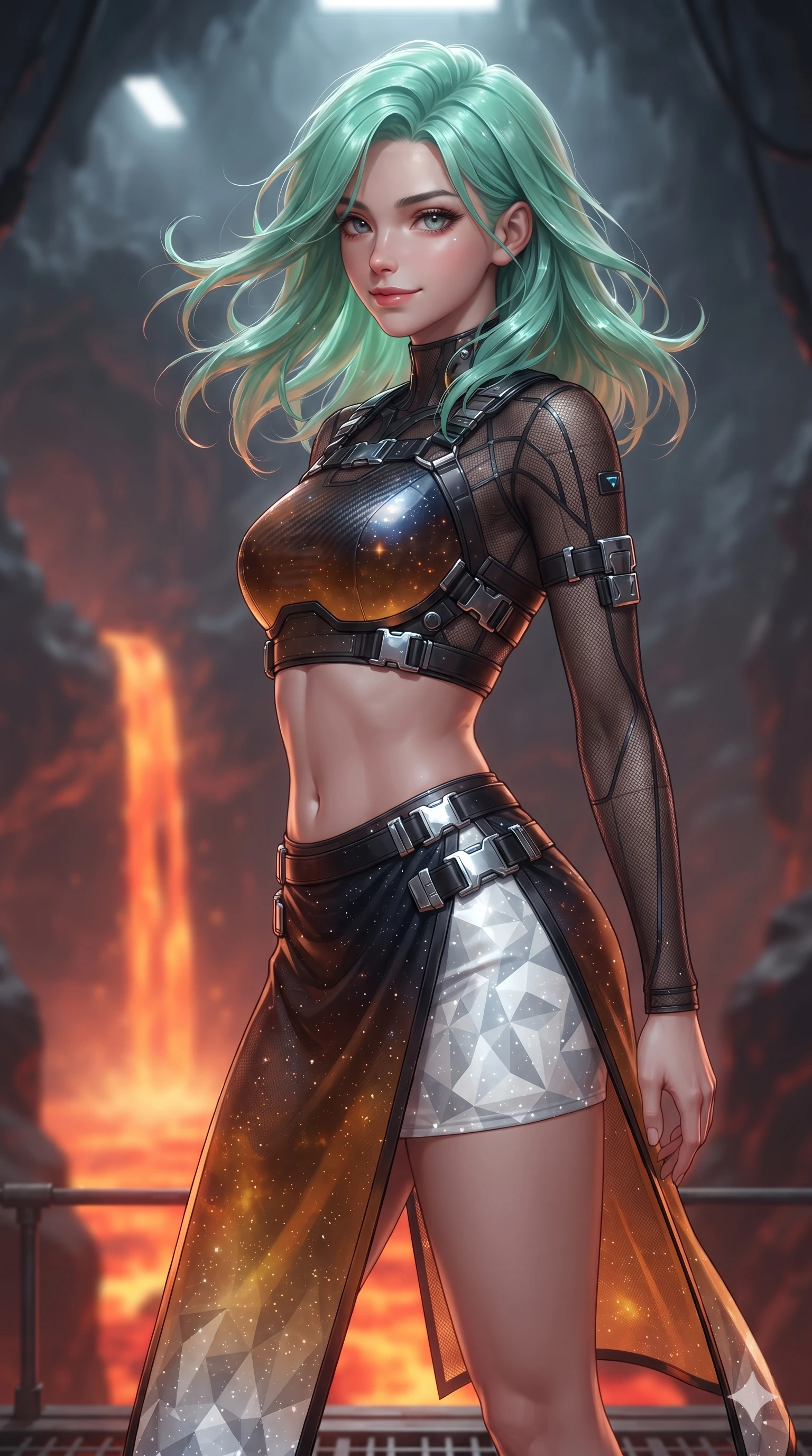 score_9, masterpiece, best quality, ultra-detailed, high-budget anime keyframe, editorial fashion photography, tasteful artistic composition, Japanese woman. close-up cowboy shot from the waist and thighs up, the character dominates the composition, filling the frame with her large presence. turning slowly with an enchanting smoldering smile, her glossy hair tossing as her hips angle gracefully in a captivating contrapposto while standing poised on the suspended titanium gantry high above a subterranean lava river, arching her back with sovereign grace as liquid magma cascades into the void below. The background shows a soft-focus dense volcanic cavern atmosphere softened in subterranean lava gantry shallow focus. She has an exceptionally elegant, slender, and willowy female figure with an ultra-slim waist, flat toned midriff, narrow ribcage, and sculpted feminine hips creating an alluring, slim hourglass silhouette without bulk. sharp v-shaped jawline, high-bridge nose, intricate jewel-like sparkling eyes with depth, thick eyelashes, glossy parted lips with a natural sheen, bright confident smile with an enchanting and coquettish sensual glint, exuding both youthful magnetic charm and sovereign high-tech allure, flawlessly proportioned anatomical accuracy, strict slender model proportions, natural body alignment, perfectly sculpted long slender limbs, ultra-slim waistline, clean dynamic posture without body distortion. wearing a cyber-samurai tactical suit featuring a shortened carbon chestplate and high-slit armored wrap skirt in cosmic eclipse amber and starlight diamond, crafted from sheer technical cyber-lace reinforced with ultra-thin Kevlar threads, finished with polished chrome buckle hardware and modular magnetic holster clasps, the impeccably tailored cut draping gracefully along her slender figure with aristocratic poise. bathed in the radiant 2000K upward glow of the cascading magma river combined with overhead industrial quartz worklights. ultra-reflective glossy finish, specular highlights, rich textural contrasts, high-contrast stereoscopic depth, volumetric dynamic lighting, 2k, ultra detail, master piece, 9:16 ratio