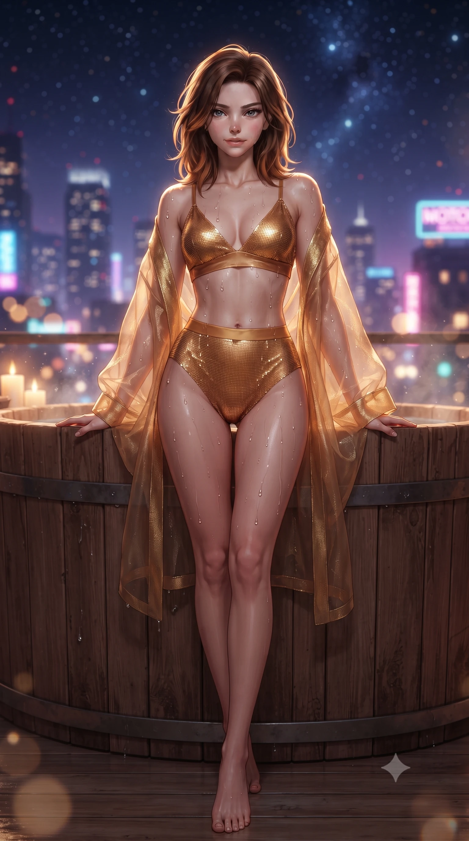 score_9, masterpiece, best quality, ultra-detailed, high-budget anime keyframe, editorial fashion photography, tasteful artistic composition, Korean woman. low angle full-body shot from head to toe showing her feet, filling the entire 9:16 vertical frame with her statuesque presence, stretching her vertical silhouette. stepping slowly toward the camera with hypnotic grace, hips swaying in an alluring sensual rhythm that accentuates her curvy hourglass silhouette and long slender legs while leaning against the rustic cedar tub rim with hips cocked back, looking into the lens with an intoxicating, smoldering half-smile. The background shows a soft-focus the sparkling tapestry of metropolitan city lights, neon signage, and starry night sky blurred into violet, amber, and aquamarine bokeh. She has an absolutely perfect, statuesque 8.5-heads proportion, an exceptionally tall and slender model-like female figure with impossibly long slender legs, an ultra-slim waist, a flat toned midriff, narrow delicate ribcage, and beautifully sculpted feminine hips creating a graceful, slim hourglass silhouette without any bulky heaviness. sharp v-shaped jawline, high-bridge nose, sparkling eyes with hypnotic seductive depth, thick curled eyelashes, glossy parted lips with a natural dewy peach sheen, alluring bedroom-eyes with an enchanting coquettish smile, exuding magnetic siren charisma and sophisticated high-fashion glamour, flawlessly proportioned anatomical accuracy, strict slender model proportions, natural body alignment, perfectly sculpted long slender limbs, ultra-slim waistline, clean dynamic posture without body distortion. wearing a sheer organza kimono robe worn loose and slipping off bare shoulders over a matching satin bralette and high-waisted briefs in warm amber honey and antique gold leaf, crafted from shimmering fluid chainmail mesh reflecting ambient candlelight, finished with glistening drops of pool water beading across her sculpted shoulders and collarbones, the form-contouring silhouette accentuating her sculpted flat midriff, narrow delicate ribcage, and gracefully curvy hips with intoxicating allure. bathed in warm underwater tub LED glow combined with celestial starry night ambient fill. ultra-reflective glossy finish, specular highlights, rich textural contrasts, high-contrast stereoscopic depth, volumetric dynamic lighting, 2k, ultra detail, master piece, 9:16 ratio