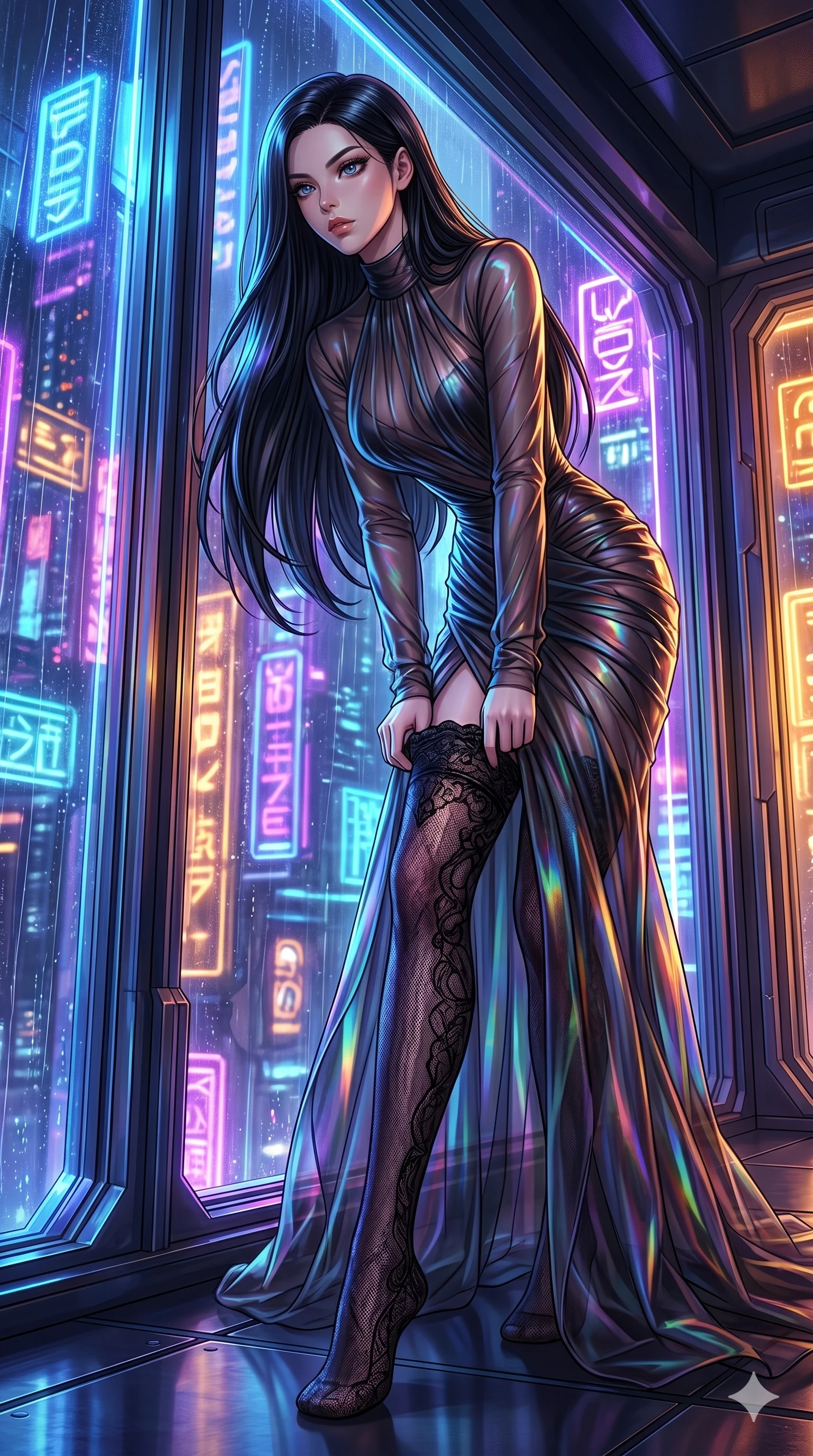 score_9, masterpiece, best quality, ultra-detailed, High-budget Anime Keyframe, East Asian woman. Low angle cowboy shot filling the entire 9:16 frame with her statuesque presence. Scenario 97: Adjusting her sculptural over-the-knee stocking by a glowing neon window. Her presence is magnetic and overpowering in this high-budget anime scene. Outfit 97: A translucent organza long with a elegant high-fashion silhouette and tight-fitting silhouette. The clothing is designed to emphasize her exceptionally tall and slender 8-heads proportion. 8-heads proportion, towering silhouette, ultra-slim waist. sharp v-shaped jawline, intricate jewel-like eyes with depth, thick eyelashes, glossy lips. 2k, ultra detail, master piece, 9:16 ratio