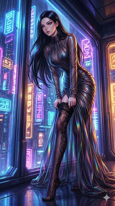 score_9, masterpiece, best quality, ultra-detailed, High-budget Anime Keyframe, East Asian woman. Low angle cowboy shot filling the entire 9:16 frame with her statuesque presence. Scenario 97: Adjusting her sculptural over-the-knee stocking by a glow