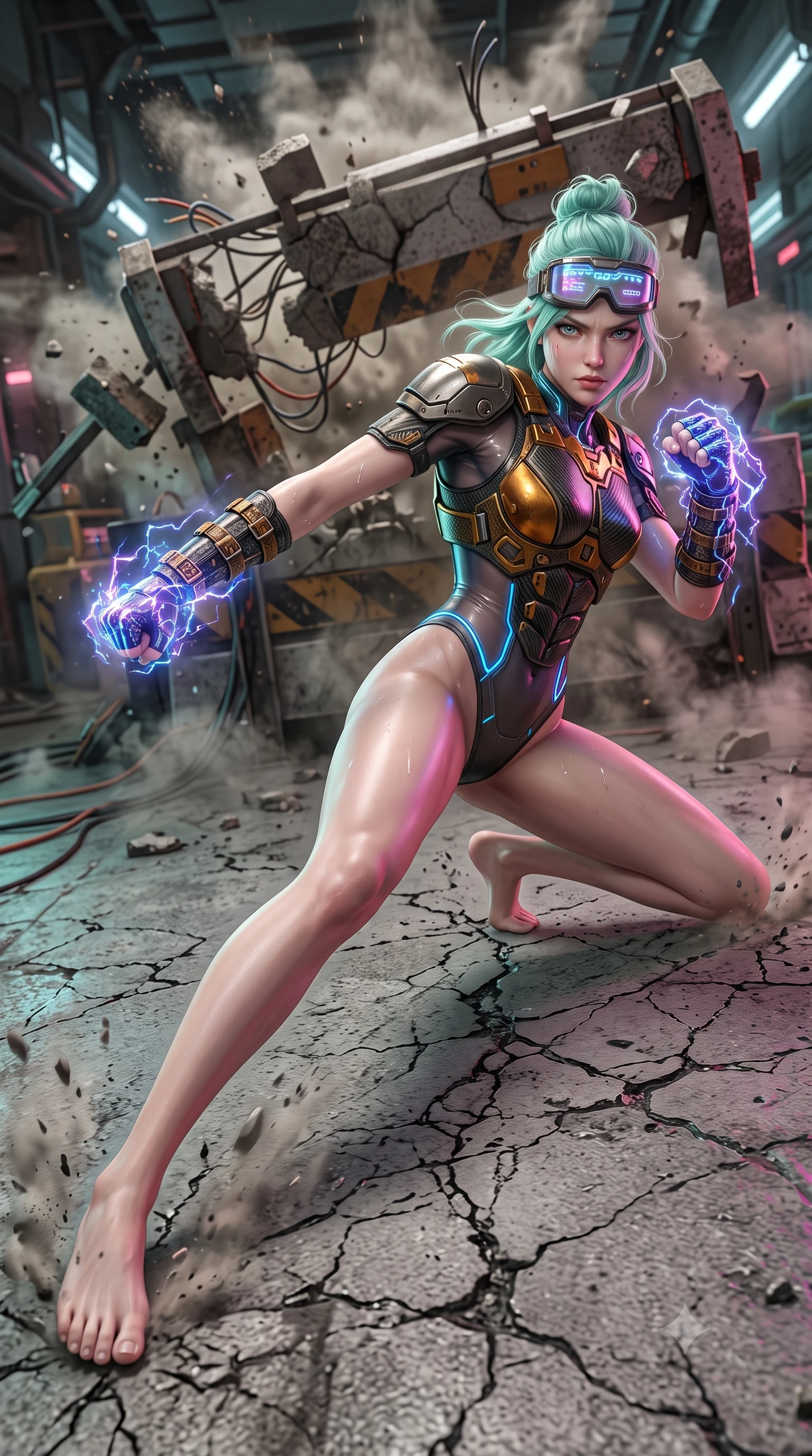 score_9, masterpiece, best quality, ultra-detailed, high-budget anime keyframe, semi-realistic 3D game render, editorial fashion photography, tasteful artistic composition, Japanese woman. low angle full-body shot from head to toe showing her feet, filling the entire 9:16 vertical frame with her statuesque presence, stretching her vertical silhouette. pivoting dynamically in a high-speed low sweep kick along the cracked concrete, her athletic torso and ultra-slim waist twisting in a fluid arc of power while sliding into a low defensive slide beneath an exploding barricade with fists wrapped in kinetic shockwave fields. The surrounding environment is rendered in vivid detail and crisp panoramic clarity. intricate forearm vambrace buckles, sweat beads on collarbones, and glowing laser lines in high clarity. She has an absolutely perfect, statuesque 8.5-heads proportion, an exceptionally tall and slender model-like female figure with impossibly long slender legs, a toned flat midriff, and an ultra-slim waist. sharp v-shaped jawline, high-bridge nose, intricate jewel-like eyes with depth, thick eyelashes, glossy lips with a natural sheen, fierce and resolute heroine expression, flawlessly proportioned anatomical accuracy, strict slender model proportions, natural body alignment, perfectly sculpted long slender limbs, ultra-slim waistline, clean dynamic posture without body distortion. wearing high-tech holographic tactical goggles resting tipped up on her forehead, casting glowing neon runes across her brow without obscuring her features, paired with a heavy modular carbon-fiber combat cuirass paired with a second-skin tactical leotard and reinforced titanium shoulder pauldrons in molten amber-gold carbon cuirass with dark gunmetal weave, crafted from semi-translucent cybernetic carbon-vinyl interwoven with glowing micro-filaments, accented with glowing fiber-optic telemetry conduits tracing her collarbones and hip curves, the glove-like aerodynamic second-skin fit tightly clinging to her ultra-slender waist and athletic curves without adding bulk, accentuating her razor-sharp statuesque lines and slim hourglass silhouette. illuminated by crisp white key lighting with sharp specular highlights tracing her slender athletic build. rich saturated anime colors with glowing neon highlights, detailed shading with soft gradients, rich glossy textures, high-contrast stereoscopic depth, volumetric dynamic lighting, master piece, 9:16 ratio