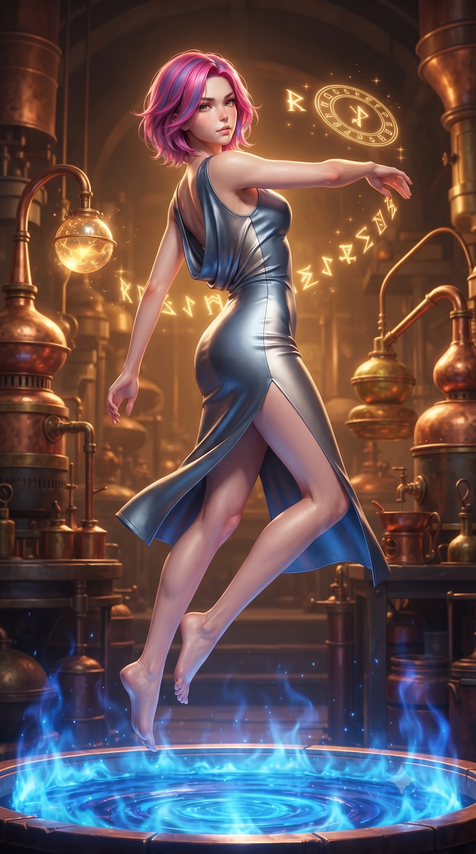 score_9, masterpiece, best quality, ultra-detailed, high-budget anime keyframe, editorial fashion photography, tasteful artistic composition, Caucasian woman. low angle full-body shot from head to toe showing her feet, filling the entire 9:16 vertical frame with her statuesque presence, stretching her vertical silhouette. performing an athletic mid-air rotation with flawless poise, her vertical silhouette beautifully stretched while floating gracefully above a sapphire alchemy flame with her torso tilted dynamically, glowing alchemy runes hovering in mid-air, casting golden light on her face. She has an absolutely perfect, statuesque 8.5-heads proportion, an exceptionally tall and slender model-like female figure with impossibly long slender legs and an ultra-slim waist. sharp v-shaped jawline, high-bridge nose, intricate jewel-like eyes with depth, thick eyelashes, glossy lips with a natural sheen, flawlessly proportioned anatomical accuracy, natural body alignment, perfectly sculpted elegant limbs, clean dynamic posture without body distortion. wearing a precision-fitted liquid jersey bodycon dress with a graceful draped back in slate blue and metallic silver, crafted from lustrous satin jersey with fluid draping, finished with a sleek side slit ascending to mid-thigh, the sleek second-skin texture accentuating her magnetic presence. surrounded by a warm, powerful industrial alchemy atmosphere. ultra-reflective glossy finish, specular highlights, metallic sheen, high-contrast stereoscopic depth, volumetric dynamic lighting, 2k, ultra detail, master piece, 9:16 ratio