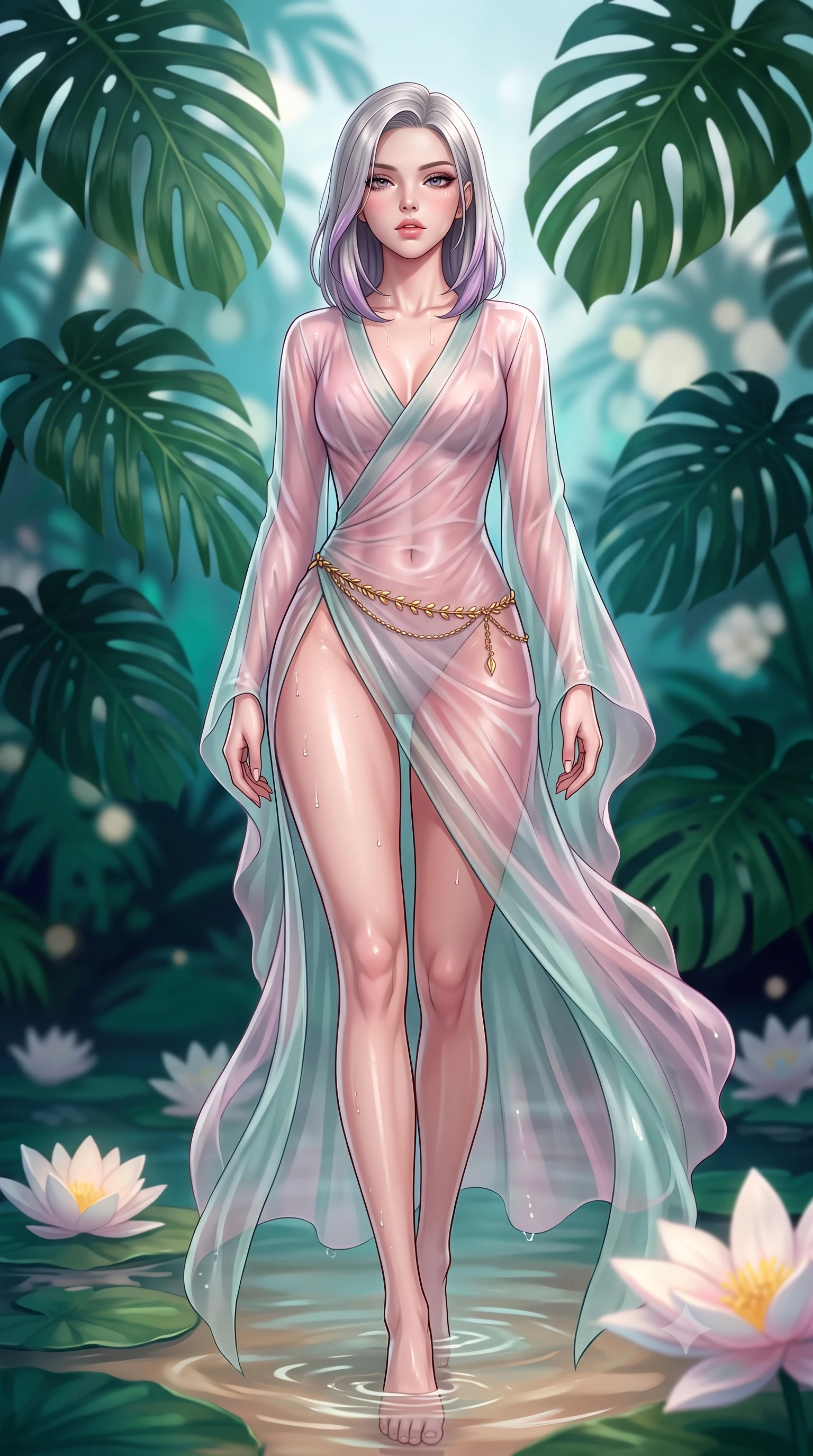 score_9, masterpiece, best quality, ultra-detailed, high-budget anime keyframe, semi-realistic 3D game render, editorial fashion photography, tasteful artistic composition, Caucasian woman. low angle full-body shot from head to toe showing her feet, filling the entire 9:16 vertical frame with her statuesque presence, stretching her vertical silhouette. striding forward in a proud supermodel runway stride, hips swaying in an alluring kinetic rhythm that accentuates her curvy hourglass silhouette while wading lightly into the shallow warm botanical pool beneath towering monstera fronds, arching her spine in pure pleasure as water droplets bead on her hips. The composition keeps background elements in soft focus with creamy bokeh. towering exotic palm fronds and giant floating lily blossoms blurred into deep emerald, turquoise, and soft moonlight bokeh. She has an absolutely perfect, statuesque 8.5-heads proportion, an exceptionally tall and slender model-like female figure with impossibly long slender legs, a toned flat midriff, an ultra-slim waist, and beautifully sculpted feminine hips. sharp v-shaped jawline, high-bridge nose, intricate jewel-like eyes with depth, thick eyelashes, glossy parted lips with a natural sheen, intensely captivating and seductive bedroom-eyes expression, flawlessly proportioned anatomical accuracy, strict slender model proportions, natural body alignment, perfectly sculpted long slender limbs, ultra-slim waistline, clean dynamic posture without body distortion. wearing a delicate semi-translucent silk yukata that clings to her wet skin and curvy hip contours in lotus petal pink and jade mist, woven from sheer cascading chiffon that ripples like water with every step, accented with a delicate gold leaf chain belt resting loosely on her curvy hips, the form-contouring material adhering flawlessly to her sculpted flat midriff and slender torso, emphasizing her long leg lines and perfectly proportioned willowy build. illuminated by wet specular highlights accentuating her slender neckline, sculpted waist, and rounded hips. highly saturated vibrant anime colors, detailed shading with soft gradients, rich glossy textures, high-contrast stereoscopic depth, volumetric dynamic lighting, master piece, 9:16 ratio
