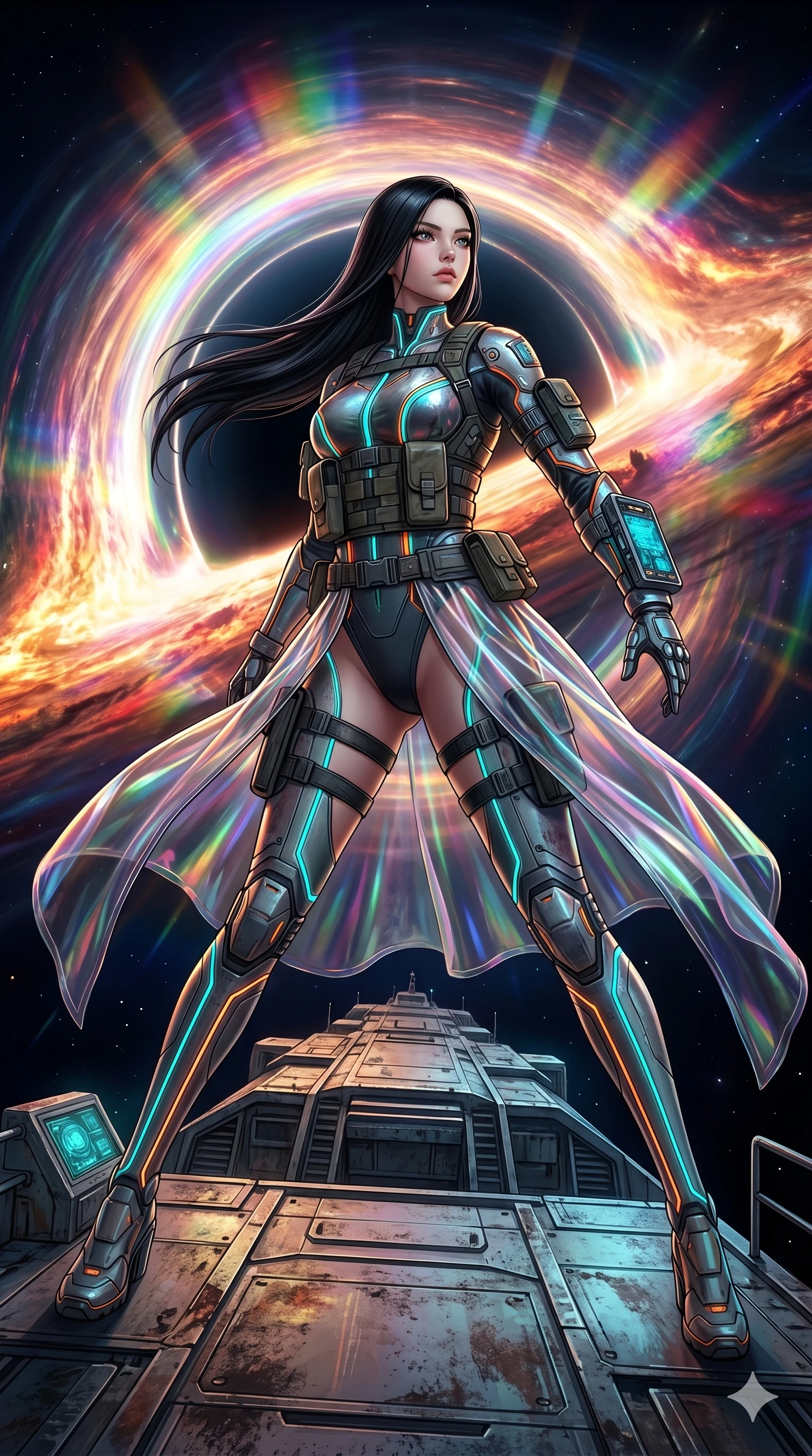score_9, masterpiece, best quality, ultra-detailed, photorealistic 8k CG, hyper-detailed textures, ray-tracing, Korean woman. Dynamic full-body shot stretching the vertical silhouette with extreme perspective. standing on the deck of a ship as it sails into a black hole. She has an absolutely perfect 8-heads proportion, an exceptionally tall and slender female figure with an ultra-slim waist and impossibly long slender legs. strictly human anatomy, two legs only, no extra limbs, clearly defined legs and arms, perfect anatomy, perfect hands and fingers. sharp v-shaped jawline, high-bridge nose, intricate jewel-like eyes, thick eyelashes, glossy lips. Wearing Tech-Fantasy: Cybernetic tech-suit with glowing seams, translucent PVC over leotard, and modular tactical gear. The scene is illuminated by dramatic atmospheric lighting and vibrant color palettes. , 2k, ultra detail, master piece, 9:16 ratio
