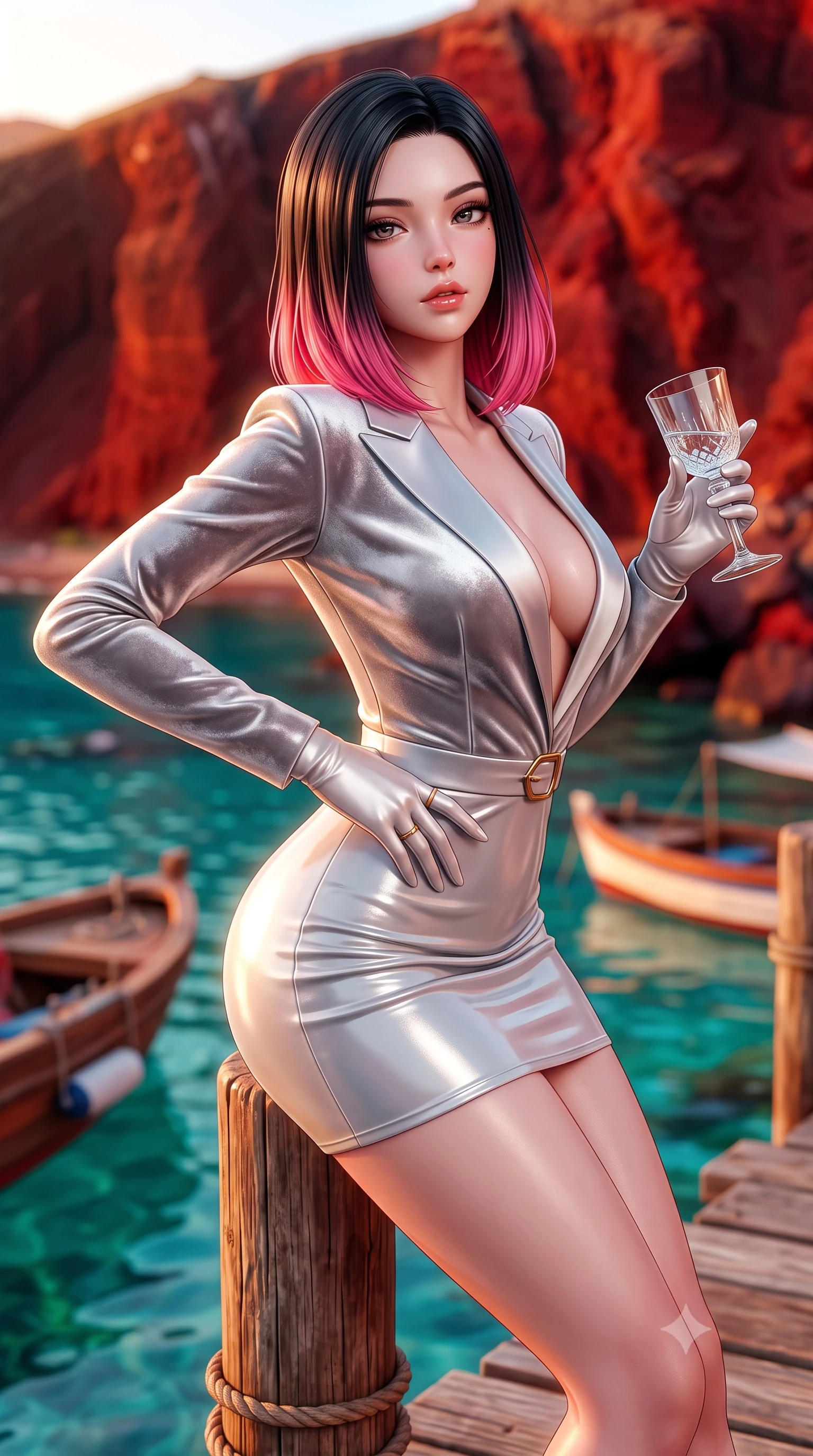 score_9, masterpiece, best quality, ultra-detailed, high-budget anime keyframe, semi-realistic 3D game render, editorial fashion photography, tasteful artistic composition, Korean woman. close-up cowboy shot from the waist and thighs up, the character dominates the composition, filling the frame with her large presence. resting one manicured hand delicately on her hip bone, her upper body turning in a fluid, seductive S-curve while parted lips glisten in the light while perching on the rustic wooden dock beside clear turquoise cove waters, arching her back as towering red volcanic cliffs glow in the setting sun. The composition keeps background elements in soft focus with creamy bokeh. towering rust-red volcanic cliffs and bobbing wooden fishing boats blurred into glowing crimson, turquoise, and amber bokeh. She has an exceptionally elegant, slender, and willowy female figure with an ultra-slim waist, flat toned midriff, narrow ribcage, and sculpted feminine hips creating an alluring, slim hourglass silhouette without bulk. sharp v-shaped jawline, high-bridge nose, intricate jewel-like eyes with depth, thick eyelashes, glossy parted lips with a natural sheen, intensely captivating and seductive bedroom-eyes expression, flawlessly proportioned anatomical accuracy, strict slender model proportions, natural body alignment, perfectly sculpted long slender limbs, ultra-slim waistline, clean dynamic posture without body distortion. wearing a tailored velvet tuxedo jacket dress with satin lapels, worn with a deep plunge neckline and gold hip buckle in shimmering silver mercury and pearl white, tailored from second-skin aerodynamic stretch vinyl with specular wet sheen, accessorized with opera-length satin gloves and a vintage crystal glass, the form-contouring material adhering flawlessly to her sculpted flat midriff and slender torso, emphasizing her long leg lines and perfectly proportioned willowy build. bathed in intense golden hour Aegean sunset glow reflecting off deep red volcanic rocks. highly saturated vibrant anime colors, detailed shading with soft gradients, rich glossy textures, high-contrast stereoscopic depth, volumetric dynamic lighting, master piece, 9:16 ratio