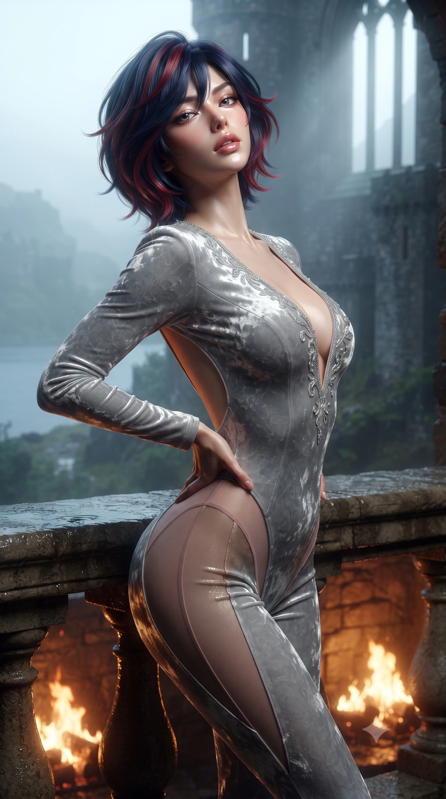 score_9, masterpiece, best quality, ultra-detailed, high-budget anime keyframe, editorial fashion photography, tasteful artistic composition, Korean woman. close-up cowboy shot from the waist and thighs up, the character dominates the composition, filling the frame with her large presence. tilting her chin up with proud, sovereign allure while gazing through thick eyelashes, one hand resting on her waist in pure supermodel charisma while leaning against the damp carved limestone terrace balustrade overlooking misty Scottish lochs, arching her lower back in an alluring S-curve as wind flutters her dress. The surrounding environment is rendered in vivid detail and crisp panoramic clarity. rich high-contrast Scottish heritage chiaroscuro and atmospheric ancient fortress romance rendered with precision. She has an exceptionally elegant, slender, and willowy female figure with an ultra-slim waist, flat toned midriff, narrow ribcage, and sculpted feminine hips creating an alluring, slim hourglass silhouette without bulk. sharp v-shaped jawline, high-bridge nose, intricate jewel-like eyes with depth, thick eyelashes, glossy parted lips with a natural sheen, intensely captivating and seductive bedroom-eyes expression, flawlessly proportioned anatomical accuracy, strict slender model proportions, natural body alignment, perfectly sculpted long slender limbs, ultra-slim waistline, clean dynamic posture without body distortion. wearing a liquid-silver aerodynamic space-couture catsuit with an open scooped back and sheer contouring mesh hip panels in dusky blush rose and shimmering champagne shimmer, crafted from heavyweight crushed silk velvet with liquid vintage luster, finished with delicate crystal frost embroidery tracing the plunging neckline, the glove-like aerodynamic silhouette tightly following the natural contour of her hips and long slender legs with statuesque 8.5-heads elegance. bathed in roaring stone hearth firelight from below and cool misty daylight streaming from towering castle windows. ultra-reflective glossy finish, specular highlights, rich textural contrasts, high-contrast stereoscopic depth, volumetric dynamic lighting, 2k, ultra detail, master piece, 9:16 ratio