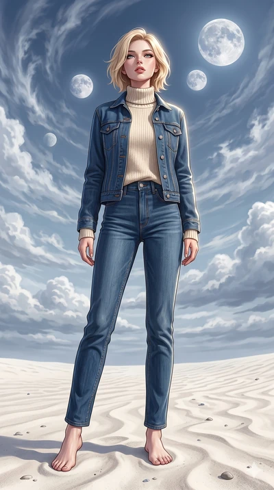 score_9, masterpiece, best quality, ultra-detailed, high-budget anime keyframe, editorial fashion photography, tasteful artistic composition, Caucasian woman, strictly human ears. low angle full-body shot from head to toe showing her feet, filling th