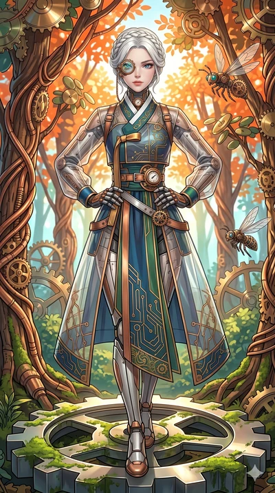 score_9, masterpiece, best quality, ultra-detailed, Set C: High-budget Anime Keyframe, Korean woman. Upper body close-up from the thighs up, character filling the screen for maximum presence. Standing on a giant gear in a clockwork forest. She has an