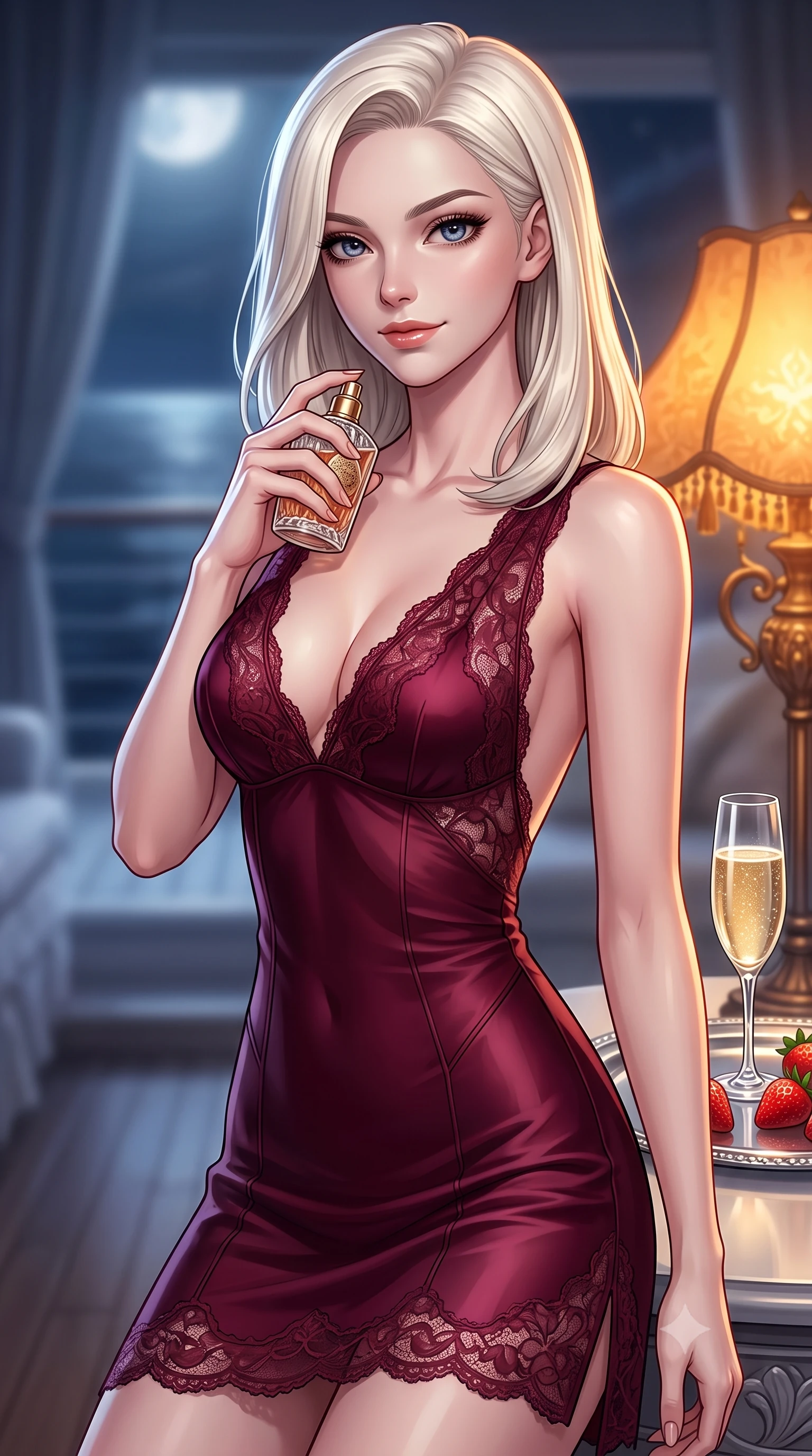 score_9, masterpiece, best quality, ultra-detailed, high-budget anime keyframe, editorial fashion photography, tasteful artistic composition, Caucasian woman. close-up cowboy shot from the waist and thighs up, the character dominates the composition, filling the frame with her large presence, background elements kept in soft focus. holding a vintage perfume bottle to her neck, smiling with quiet magnetic self-assurance set against a soft-focus background of inside an exclusive solarium deck with a crystal glass of sparkling champagne and fresh strawberries on a silver tray. She has an exceptionally elegant, slender, and willowy female figure with an ultra-slim waist, a gracefully sculpted slender torso, and a refined silhouette. sharp v-shaped jawline, high-bridge nose, intricate jewel-like eyes with depth, thick eyelashes, glossy lips with a natural sheen. wearing form-contouring deep burgundy delicate lace open-back silk slip dress featuring a deep V-neckline and a leg-lengthening side slit featuring refined tailored seams. illuminated by soft silver moonlight contrasting with the warm amber glow of a nearby lamp. highly saturated vibrant anime colors, detailed shading with soft gradients, rich glossy textures, high-contrast stereoscopic depth, volumetric dynamic lighting, master piece, 9:16 ratio