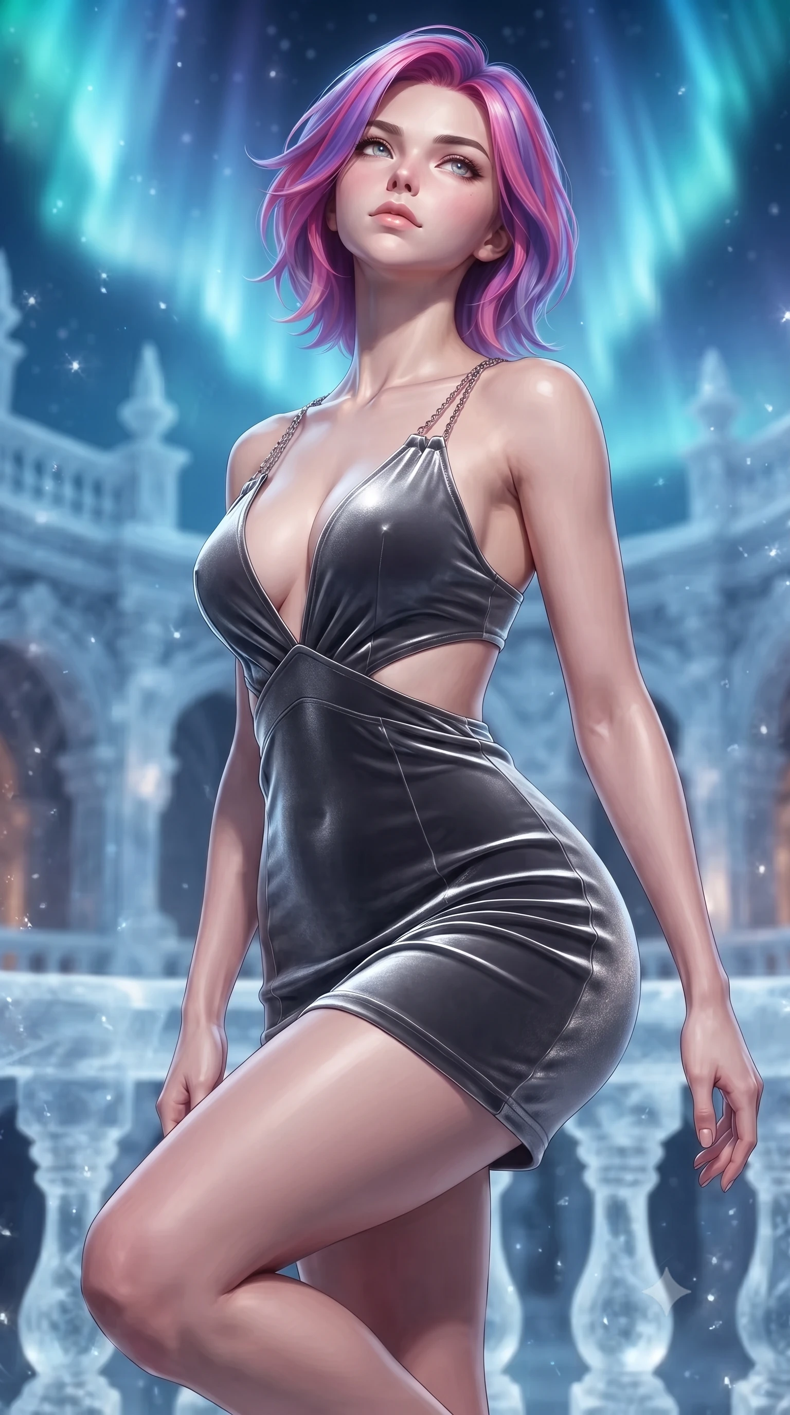 score_9, masterpiece, best quality, ultra-detailed, high-budget anime keyframe, editorial fashion photography, tasteful artistic composition, Caucasian woman. close-up cowboy shot from the waist and thighs up, the character dominates the composition, filling the frame with her large presence, background elements kept in soft focus. Tilting her chin up with an air of effortless superiority while balancing dynamically amidst the scene while standing dynamically on an ice-carved opera balcony under a soaring polar aurora sky, glimmering ice crystals scattering crisp silver specular highlights everywhere. She has an exceptionally elegant, slender, and willowy female figure with an ultra-slim waist, a gracefully sculpted slender torso, and a refined silhouette. sharp v-shaped jawline, high-bridge nose, intricate jewel-like eyes with depth, thick eyelashes, glossy lips with a natural sheen, flawlessly proportioned anatomical accuracy, natural body alignment, perfectly sculpted elegant limbs, clean dynamic posture without body distortion. wearing a liquid mercury gloss mini dress with ultra-deep V-neck and waist cutouts in charcoal grey and platinum, made of premium stretch velvet with a rich sheen, adorned with delicate metallic chain straps along the neckline, the form-contouring material highlighting her ultra-slim waist and long lines. surrounded by a high-contrast icy luminescence and deep velvet shadows. ultra-reflective glossy finish, specular highlights, metallic sheen, high-contrast stereoscopic depth, volumetric dynamic lighting, 2k, ultra detail, master piece, 9:16 ratio