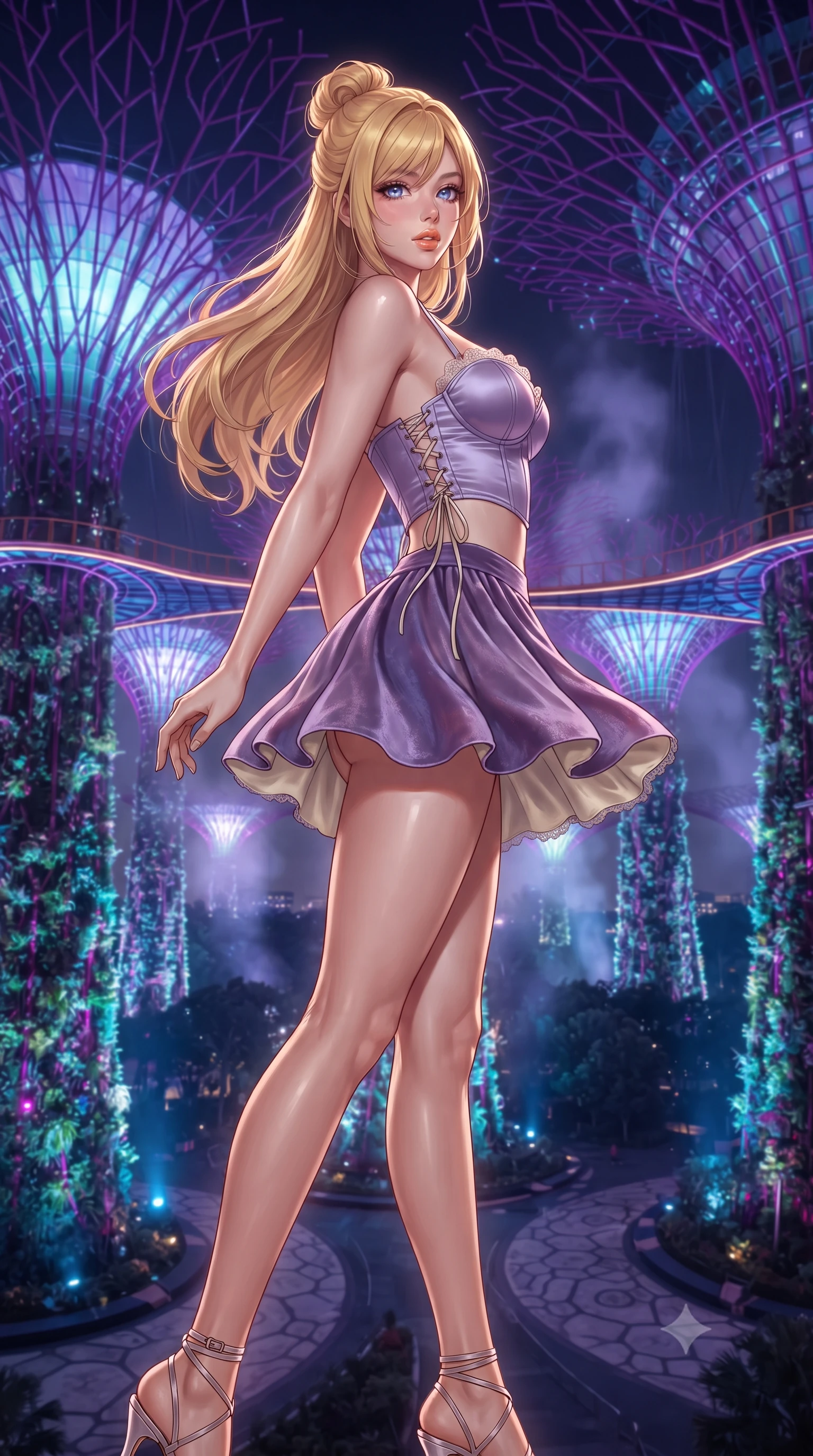 score_9, masterpiece, best quality, ultra-detailed, high-budget anime keyframe, editorial fashion photography, tasteful artistic composition, Caucasian woman. low angle full-body shot from head to toe showing her feet, filling the entire 9:16 vertical frame with her statuesque presence, stretching her vertical silhouette. executing a slow, graceful pivot turn as her skirt sways around her slender legs, glancing back with an enchanting, teasing sensual expression while standing poised on the suspended aerial walkway 50 feet up between the colossal illuminated Supertrees, arching her lower back with cyber-goddess grace as neon light ribbons pulse. The background shows a soft-focus gentle canopy mist plumes softened in futuristic eco-garden shallow focus. She has an exceptionally tall and slender model-like 8.5-heads proportion, an ultra-slim waist, a flat toned midriff, narrow delicate ribcage, and beautifully sculpted feminine hips creating a graceful, slim hourglass silhouette without any bulky heaviness, with impossibly long slender legs. sharp v-shaped jawline, high-bridge nose, intricate jewel-like sparkling eyes with depth, thick eyelashes, glossy parted lips with a natural peach sheen, bright cheerful beaming smile with an enchanting and coquettish sensual glint, exuding both youthful cute charm and seductive allure, flawlessly proportioned anatomical accuracy, strict slender model proportions, natural body alignment, perfectly sculpted long slender limbs, ultra-slim waistline, clean dynamic posture without body distortion. wearing a sculpted satin underwire crop bustier with lace-up side ties paired with a micro skirt in Luberon lavender purple and Provençal limestone cream, tailored from ultra-plush silk velvet with rich tactile depth and deep shadow gradients, finished with scalloped eyelash lace trim framing her sweetheart neckline with intimate elegance, the form-contouring silhouette accentuating her sculpted flat midriff, narrow delicate ribcage, and gracefully curvy hips with intoxicating allure. bathed in the saturated violet-and-cyan 4000K luminescence of Supertree LED light shows mixed with warm skyway pathway glows. ultra-reflective glossy finish, specular highlights, rich textural contrasts, high-contrast stereoscopic depth, volumetric dynamic lighting, 2k, ultra detail, master piece, 9:16 ratio