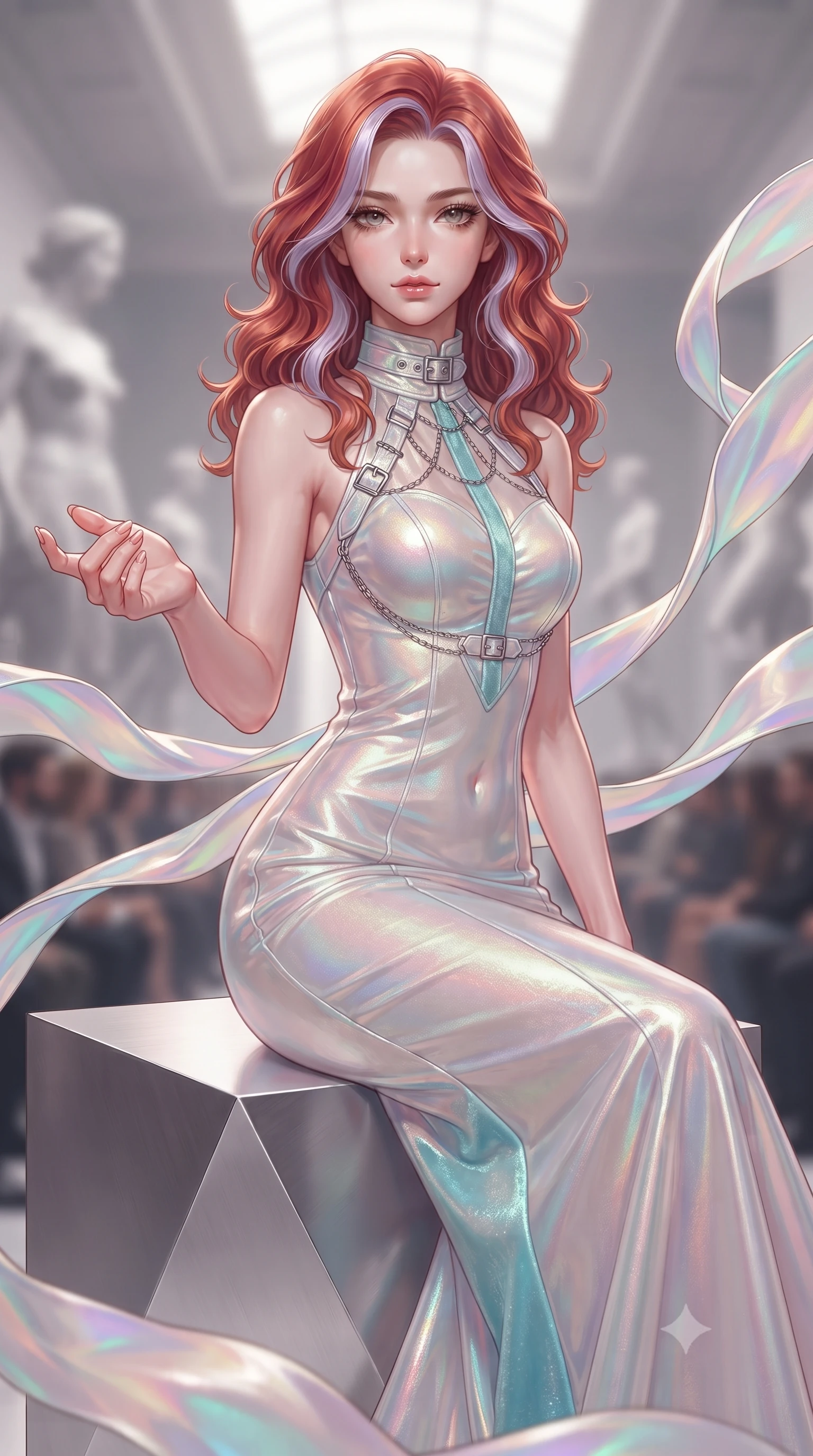 score_9, masterpiece, best quality, ultra-detailed, high-budget anime keyframe, editorial fashion photography, tasteful artistic composition, Caucasian woman. close-up cowboy shot from the waist and thighs up, the character dominates the composition, filling the frame with her large presence, background elements kept in soft focus. Reaching one hand toward the viewer with relaxed elegance, poised on a geometric pedestal as floating silk ribbons wrap around her silhouette, iridescent opal silk ribbons shifting color from pearl white to pastel rose and turquoise. She has an exceptionally elegant, slender, and willowy female figure with an ultra-slim waist, a gracefully sculpted slender torso, and a refined silhouette. sharp v-shaped jawline, high-bridge nose, intricate jewel-like eyes with depth, thick eyelashes, glossy lips with a natural sheen. wearing floor-length high-neck champagne silk velvet gown with long sleeves in pale opal seafoam, made of iridescent hologram organza, framed by polished silver buckles and delicate chain details, sculpting her athletic slender build with refined precision. illuminated by soft multi-color rainbow light refracting through opal silk. highly saturated vibrant anime colors, detailed shading with soft gradients, rich glossy textures, high-contrast stereoscopic depth, volumetric dynamic lighting, master piece, 9:16 ratio