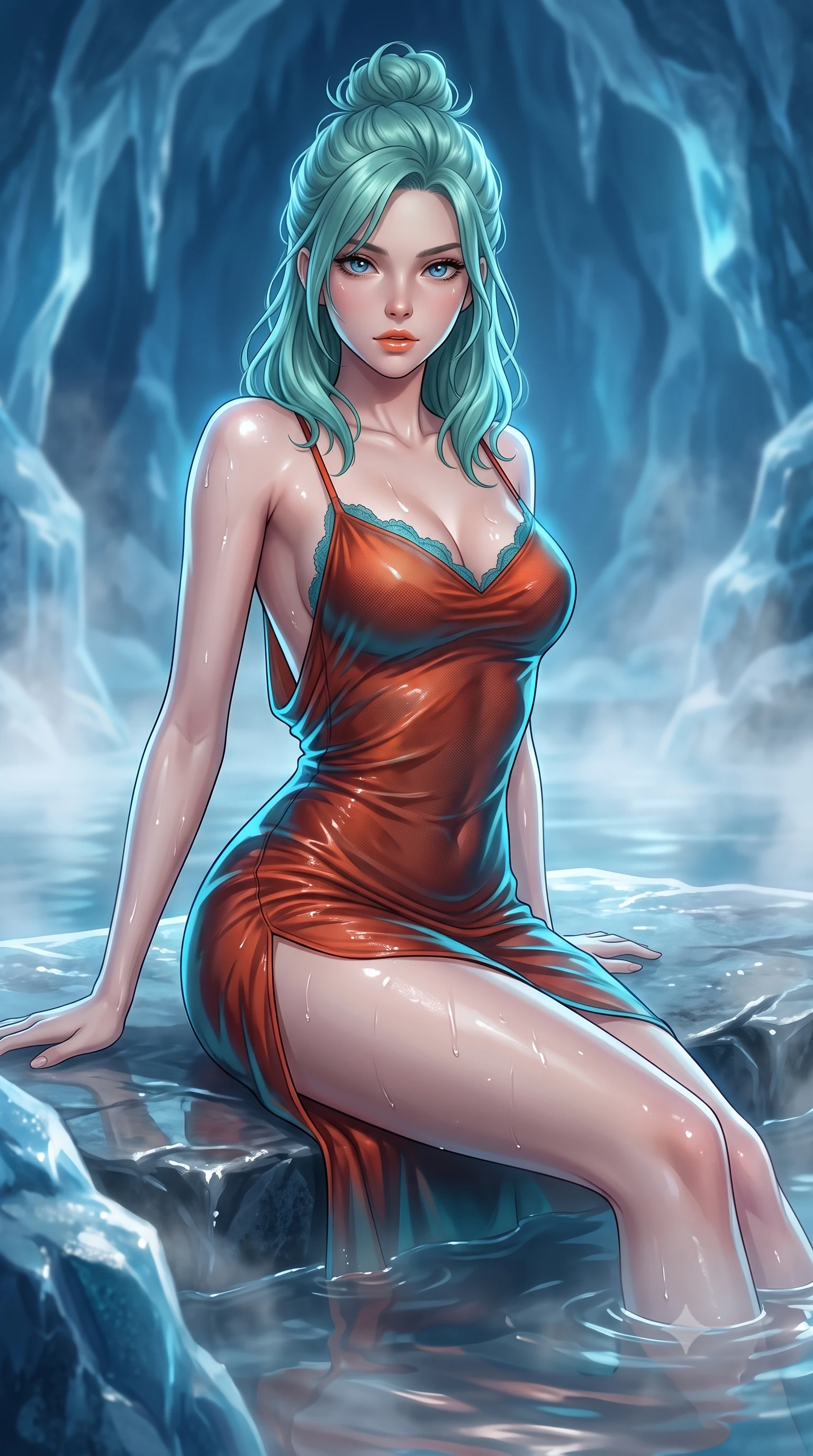 score_9, masterpiece, best quality, ultra-detailed, high-budget anime keyframe, editorial fashion photography, tasteful artistic composition, Japanese woman. close-up cowboy shot from the waist and thighs up, the character dominates the composition, filling the frame with her large presence. leaning forward while arching her lower back to accentuate her curvy hips, looking into the camera with an intoxicating smoldering gaze and bedroom-eyes while reclining gracefully on the submerged heated stone shelf with legs extended, displaying her long slender limbs and statuesque hourglass silhouette against the frozen blue cavern. The background shows a soft-focus rising thermal mist softened in sub-glacial private thermal sanctuary shallow focus. She has an exceptionally elegant, slender, and willowy female figure with an ultra-slim waist, flat toned midriff, narrow ribcage, and sculpted feminine hips creating an alluring, slim hourglass silhouette without bulk. sharp v-shaped jawline, high-bridge nose, intricate jewel-like sparkling eyes with depth, thick eyelashes, glossy parted lips with a natural peach sheen, bright cheerful beaming smile with an enchanting and coquettish sensual glint, exuding both youthful cute charm and seductive allure, flawlessly proportioned anatomical accuracy, strict slender model proportions, natural body alignment, perfectly sculpted long slender limbs, ultra-slim waistline, clean dynamic posture without body distortion. wearing a form-contouring gossamer silk chiffon slip dress with a hip-high slit and open cowl back clinging with dewy moisture in cyber-shinto vermilion and electric teal, woven from fine semi-opaque stretch illusion mesh tracing her slender contours, finished with scalloped eyelash lace trim framing her sweetheart neckline with intimate elegance, the high-slit wrap tailoring accentuating her ultra-slim waistline and the enchanting curve of her feminine hips with alluring seductive charm. illuminated by pool surface reflection bounce and sharp ice-blue rim lights sculpting her razor-sharp jawline, narrow waist, and curvy hips. ultra-reflective glossy finish, specular highlights, rich textural contrasts, high-contrast stereoscopic depth, volumetric dynamic lighting, 2k, ultra detail, master piece, 9:16 ratio