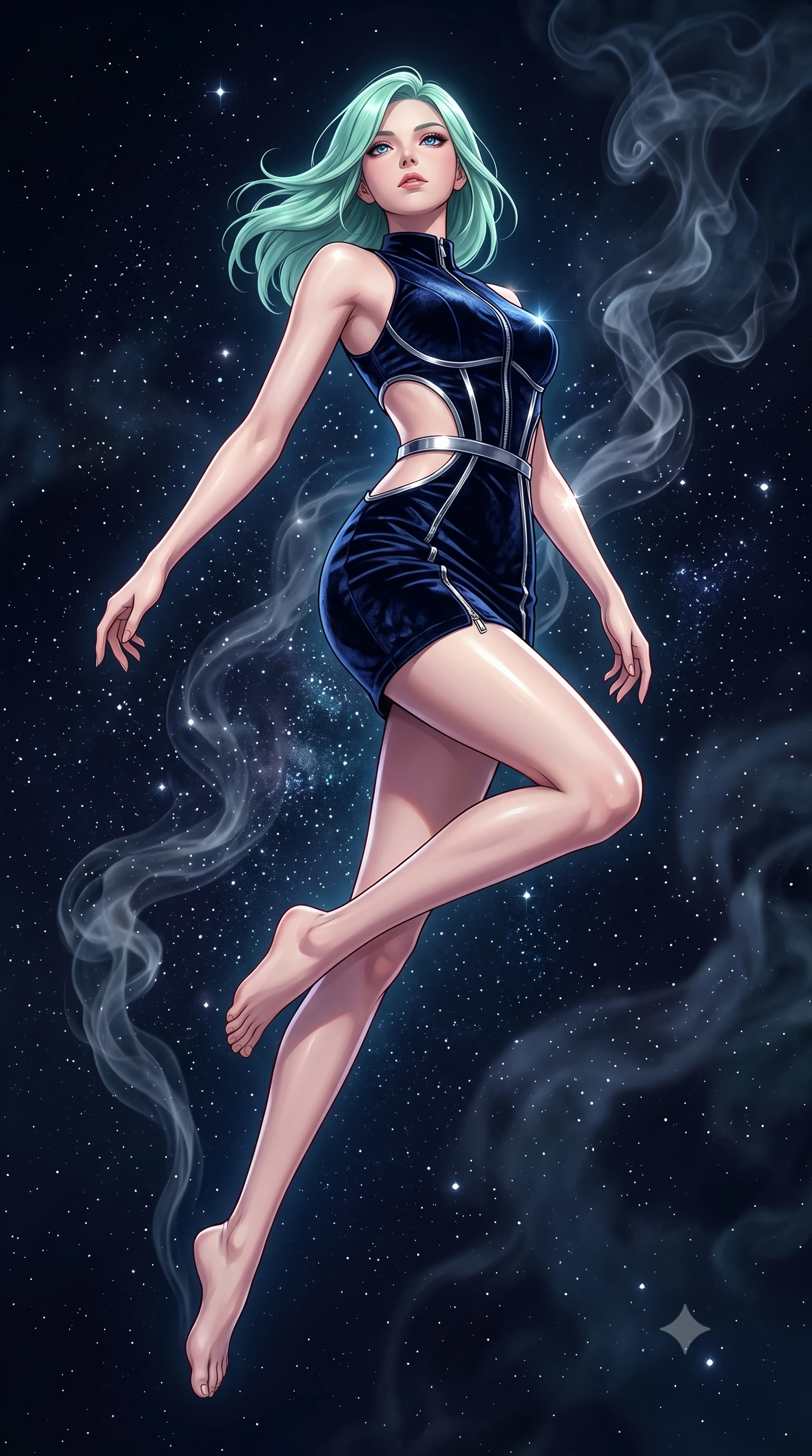score_9, masterpiece, best quality, ultra-detailed, high-budget anime keyframe, editorial fashion photography, tasteful artistic composition, Japanese woman. low angle full-body shot from head to toe showing her feet, filling the entire 9:16 vertical frame with her statuesque presence, stretching her vertical silhouette. leaping dynamically through the starry space, her posture full of power and elegance, looking up with a magnetic, composed expression from a dark private booth, swirling aromatic smoke trails rising gracefully into the dark moody air. She has an absolutely perfect, statuesque 8.5-heads proportion, an exceptionally tall and slender model-like female figure with impossibly long slender legs and an ultra-slim waist. sharp v-shaped jawline, high-bridge nose, intricate jewel-like eyes with depth, thick eyelashes, glossy lips with a natural sheen. wearing dramatic architectural open-waist cutout mini dress in dark velvet framed by chrome hardware in midnight navy blue, made of crushed dark silk velvet, finished with metallic silver boning and sleek zipper points, accentuating her gracefully sculpted slender torso. surrounded by moody chiaroscuro with sharp specular glints on glass and skin. highly saturated vibrant anime colors, detailed shading with soft gradients, rich glossy textures, high-contrast stereoscopic depth, volumetric dynamic lighting, master piece, 9:16 ratio