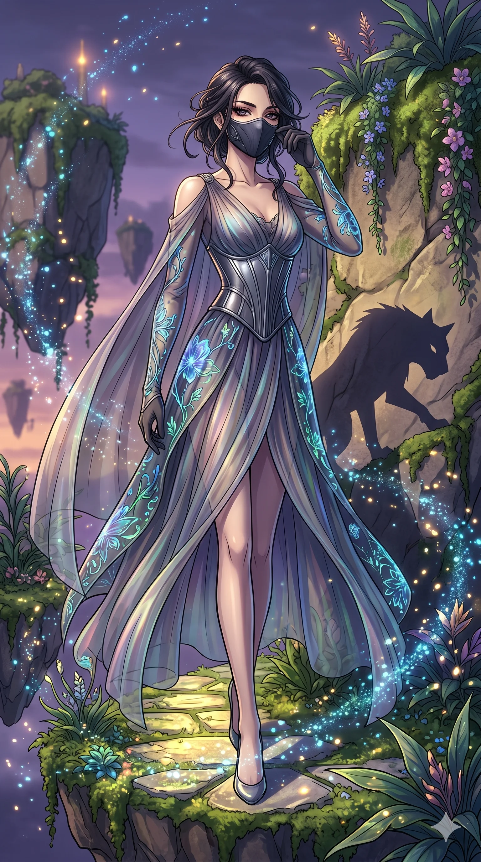 score_9, masterpiece, best quality, ultra-detailed, Set A: High-budget Anime Keyframe, Japanese woman. Low angle cowboy shot filling the entire 9:16 frame with her statuesque presence. Adjusting a mask through a floating botanical garden, while her shadow mimics the movements of a predator 215 and surrounded by glowing energy sparks. She has an absolutely perfect 8-heads proportion, an exceptionally tall and slender female figure with impossibly long slender legs and an ultra-slim waist. Sharp v-shaped jawline, high-bridge nose, intricate jewel-like eyes with depth, thick eyelashes, glossy lips with a natural sheen. Wearing Sheer chiffon gown with a metallic corset and bioluminescent floral patterns. Cinematic lighting, vibrant colors, dramatic shadows, 2k, ultra detail, master piece, 9:16 ratio
