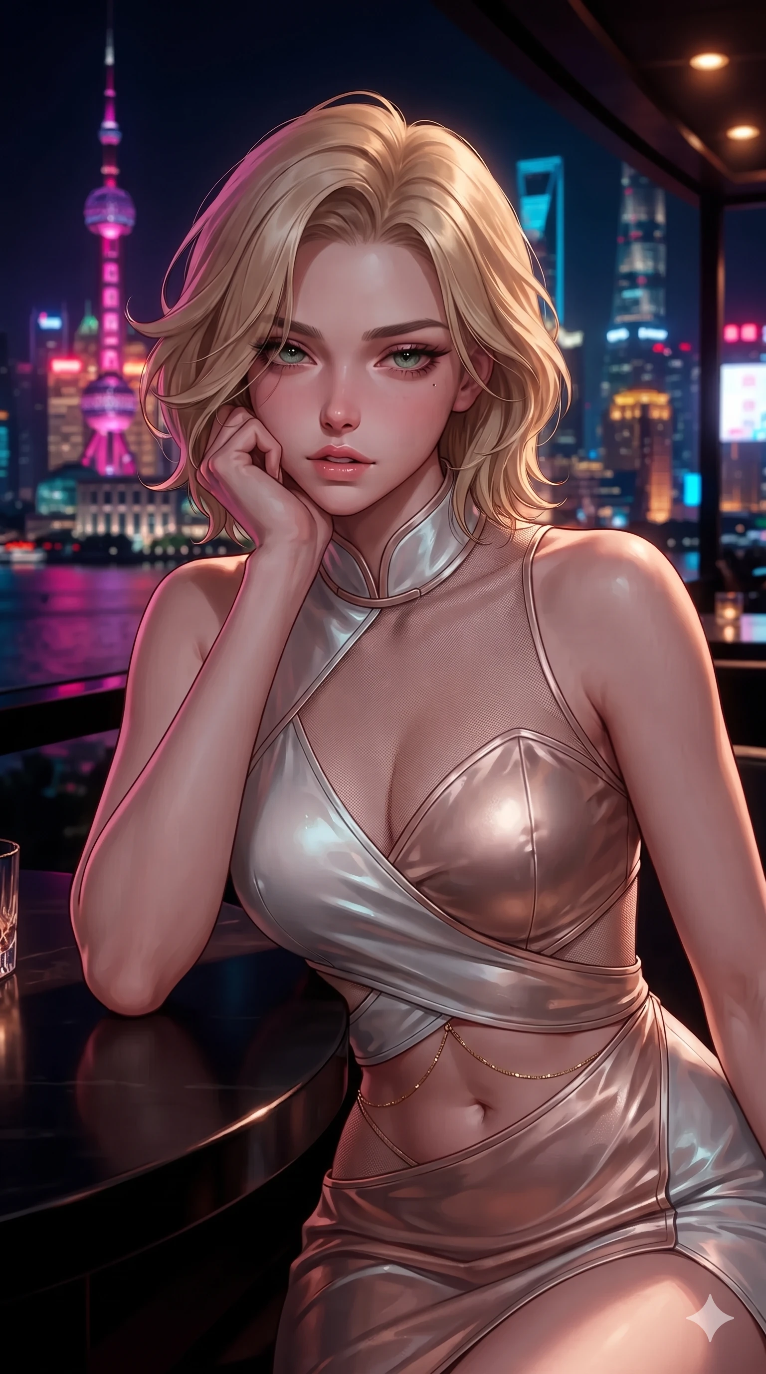 score_9, masterpiece, best quality, ultra-detailed, high-budget anime keyframe, editorial fashion photography, tasteful artistic composition, Caucasian woman. close-up cowboy shot from the waist and thighs up, the character dominates the composition, filling the frame with her large presence. resting one elbow on the table and supporting her chin, leaning close to the camera with heavy-lidded sparkling eyes and parted lips while striding across the penthouse terrace as river breezes whip her high-slit dress open, accentuating her long slender legs and curvy hips. The surrounding environment is rendered in vivid detail and crisp panoramic clarity: rich high-contrast Shanghai modern noir chiaroscuro and ultra-luxury Oriental grand touring aesthetics in precision. She has an exceptionally elegant, slender, and willowy female figure with an ultra-slim waist, flat toned midriff, narrow ribcage, and sculpted feminine hips creating an alluring, slim hourglass silhouette without bulk. sharp v-shaped jawline, high-bridge nose, intricate jewel-like sparkling eyes with depth, thick eyelashes, glossy parted lips with a natural sheen, intensely captivating and seductive bedroom-eyes expression, exuding both youthful cute charm and sovereign luxury allure, flawlessly proportioned anatomical accuracy, strict slender model proportions, natural body alignment, perfectly sculpted long slender limbs, ultra-slim waistline, clean dynamic posture without body distortion. wearing a wet-look silk fusion wrap dress with asymmetrical sheer mesh cutouts and high Mandarin collar in celestial porcelain white and rose-gold, crafted from luxurious metallic lamé that shifts radiance with every step, accented with a dainty gold belly chain resting across her flat midriff and curving hips, the bespoke structured tailoring following the natural line of her 8.5-heads silhouette with refined elegance. bathed in vibrant magenta and electric cyan river skyline reflections contrasting with warm amber interior downlights. ultra-reflective glossy finish, specular highlights, rich textural contrasts, high-contrast stereoscopic depth, volumetric dynamic lighting, 2k, ultra detail, master piece, 9:16 ratio