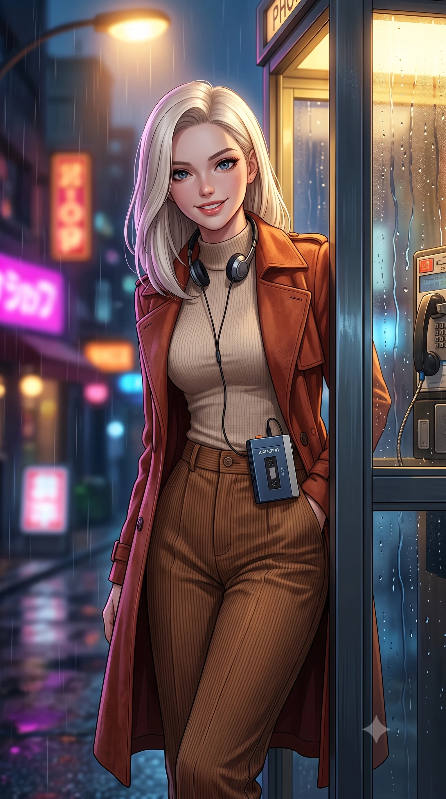 score_9, masterpiece, best quality, ultra-detailed, high-budget anime keyframe, semi-realistic 3D game render, editorial fashion photography, tasteful artistic composition, Caucasian woman. close-up cowboy shot from the waist and thighs up, the character dominates the composition, filling the frame with her large presence. leaning forward with playful, captivating grace, her sculpted collarbones and slender neckline highlighted by directional light while leaning against the exterior booth frame under a streetlamp, smiling warmly at someone approaching beyond the camera. The composition keeps background elements in soft focus with creamy bokeh. streaming glass raindrop streaks and distant neon shop signs blurred into dreamy magenta, amber, and deep blue bokeh. She has an exceptionally elegant, slender, and willowy female figure with an ultra-slim waist, a gracefully sculpted slender torso, toned flat midriff, and a refined slim silhouette. sharp v-shaped jawline, high-bridge nose, intricate jewel-like eyes with depth, thick eyelashes, glossy lips with a natural sheen, captivating and magnetic expression, flawlessly proportioned anatomical accuracy, strict slender model proportions, natural body alignment, perfectly sculpted long slender limbs, ultra-slim waistline, clean dynamic posture without body distortion. wearing a stylish retro suede trench coat over a fitted mock-neck knit top and high-waist tailored slacks in warm terracotta and oatmeal beige, tailored from soft fine-wale corduroy with rich velvety texture, accessorized with a vintage portable cassette Walkman clipped to her waistband, the liquid-tight tailored fabric emphasizing every curve of her tall, slender model proportions and sculptured silhouette during dynamic movement. bathed in cozy yellow interior phone booth lamp light contrasting with cool neon street reflections outside. highly saturated vibrant anime colors, detailed shading with soft gradients, rich glossy textures, high-contrast stereoscopic depth, volumetric dynamic lighting, master piece, 9:16 ratio