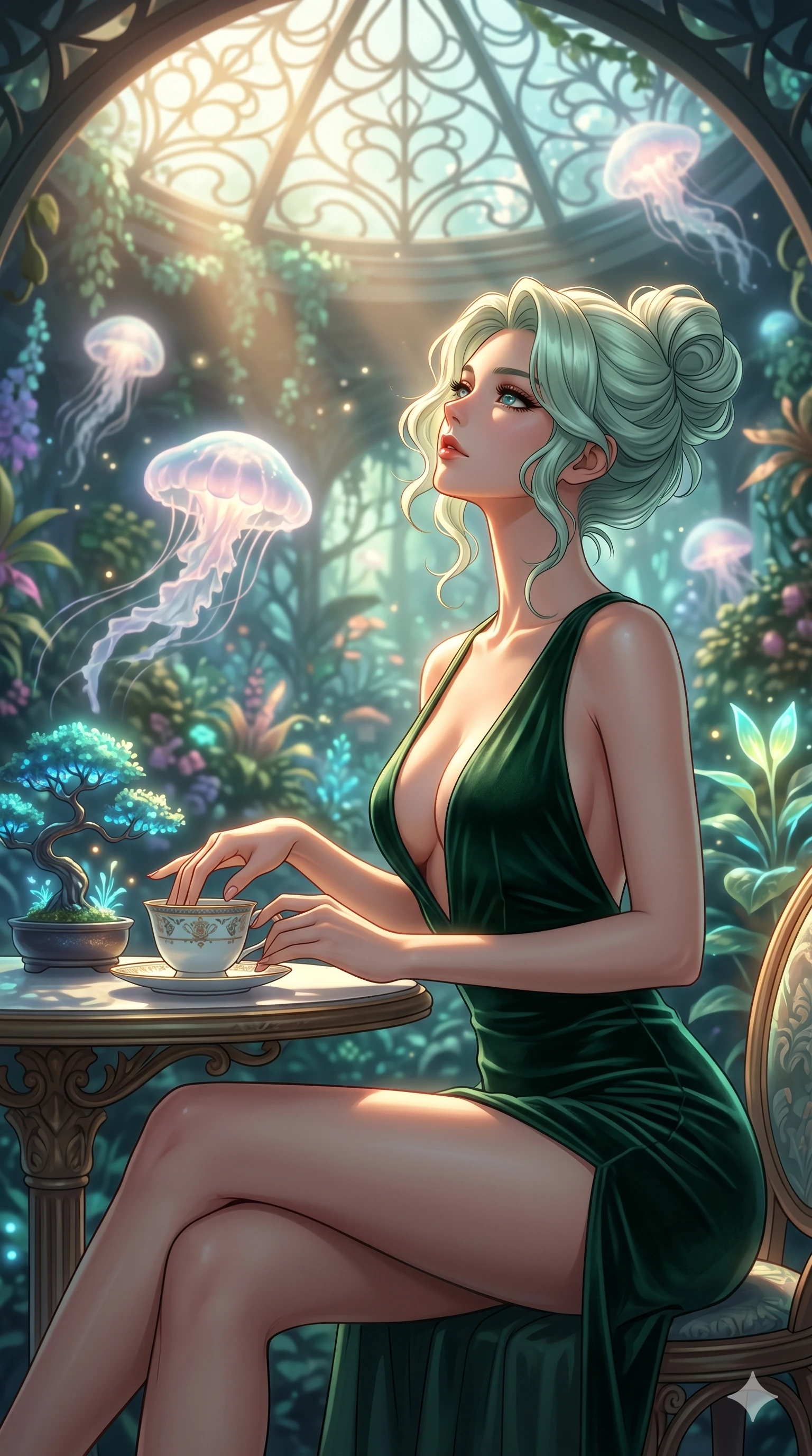 score_9, masterpiece, best quality, ultra-detailed, high-budget anime keyframe, editorial fashion photography, tasteful artistic composition, Japanese woman. cowboy shot from the thighs up, character and outfit filling the frame for maximum editorial presence. resting her fingers on a porcelain tea cup, looking up in a bioluminescent sky garden with floating jellyfish clouds (Code-P17-077). She has an absolutely perfect 8-heads proportion, an exceptionally tall and slender female figure with impossibly long slender legs and an ultra-slim waist. V-shaped jawline, high-bridge nose, intricate jewel-like eyes with depth, thick eyelashes, glossy lips with a natural sheen. wearing a velvet bodycon mini dress featuring a daring plunging neckline and high slit. soft morning sunbeams filtering through the skylight, highlighting her high-bridge nose. 2k, ultra detail, master piece, 9:16 ratio