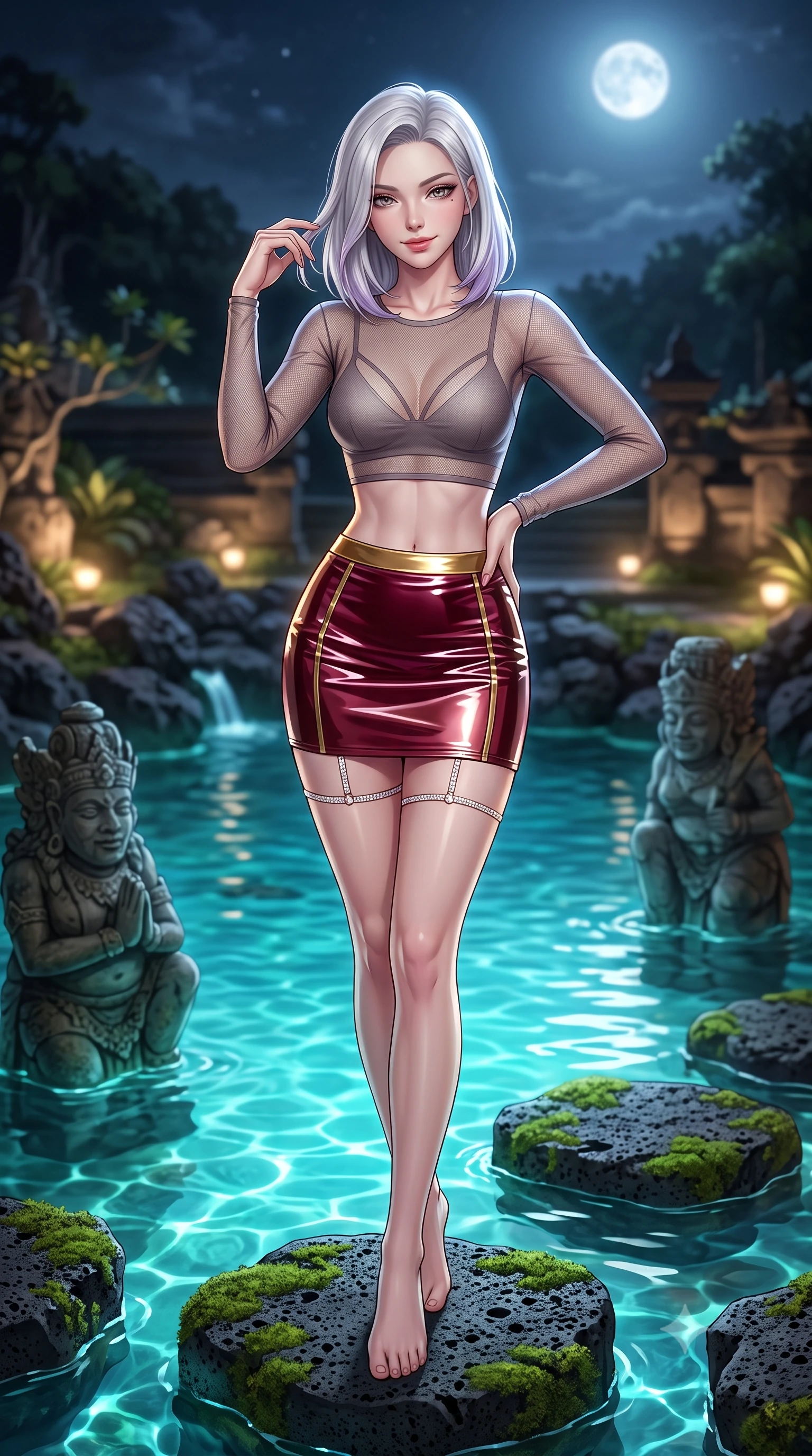 score_9, masterpiece, best quality, ultra-detailed, high-budget anime keyframe, semi-realistic 3D game render, editorial fashion photography, tasteful artistic composition, Caucasian woman. close-up cowboy shot from the waist and thighs up, the character dominates the composition, filling the frame with her large presence. twisting her slender torso in an alluring contrapposto stance, one hand resting on her sculpted hip while her fingers toy with her hair with effortless poise while standing poised on the mossy volcanic stepping stone in the natural spring lagoon, arching her back with hypnotic island siren allure. The surrounding environment is rendered in vivid detail and crisp panoramic clarity: sharp porous black volcanic basalt stone textures, carved stone statue details, and crystal-clear spring water clarity in deep focus. She has an exceptionally elegant, slender, and willowy female figure with an ultra-slim waist, flat toned midriff, narrow ribcage, and sculpted feminine hips creating an alluring, slim hourglass silhouette without bulk. sharp v-shaped jawline, high-bridge nose, sparkling eyes with hypnotic seductive depth, thick curled eyelashes, glossy parted lips with a natural dewy peach sheen, alluring bedroom-eyes with an enchanting coquettish smile, exuding magnetic siren charisma and sophisticated glamour, flawlessly proportioned anatomical accuracy, strict slender model proportions, natural body alignment, perfectly sculpted long slender limbs, ultra-slim waistline, clean dynamic posture without body distortion. wearing a sheer mesh long-sleeve crop top over an opaque strappy micro-bralette and a sleek leatherette mini skirt in Belle Époque bordeaux and gilded 24k gold, crafted from wet-look high-gloss vinyl fabric with dazzling specular surface reflections, finished with delicate crystal-encrusted thigh garter straps glinting in the dim light, the glove-like clinging cut tightly following the natural contour of her hips and long slender legs with youthful 8.5-heads elegance. bathed in luminous underwater aquamarine spring lighting paired with soft warm garden uplights and full moonlight. highly saturated vibrant anime colors, detailed shading with soft gradients, rich glossy textures, high-contrast stereoscopic depth, volumetric dynamic lighting, master piece, 9:16 ratio