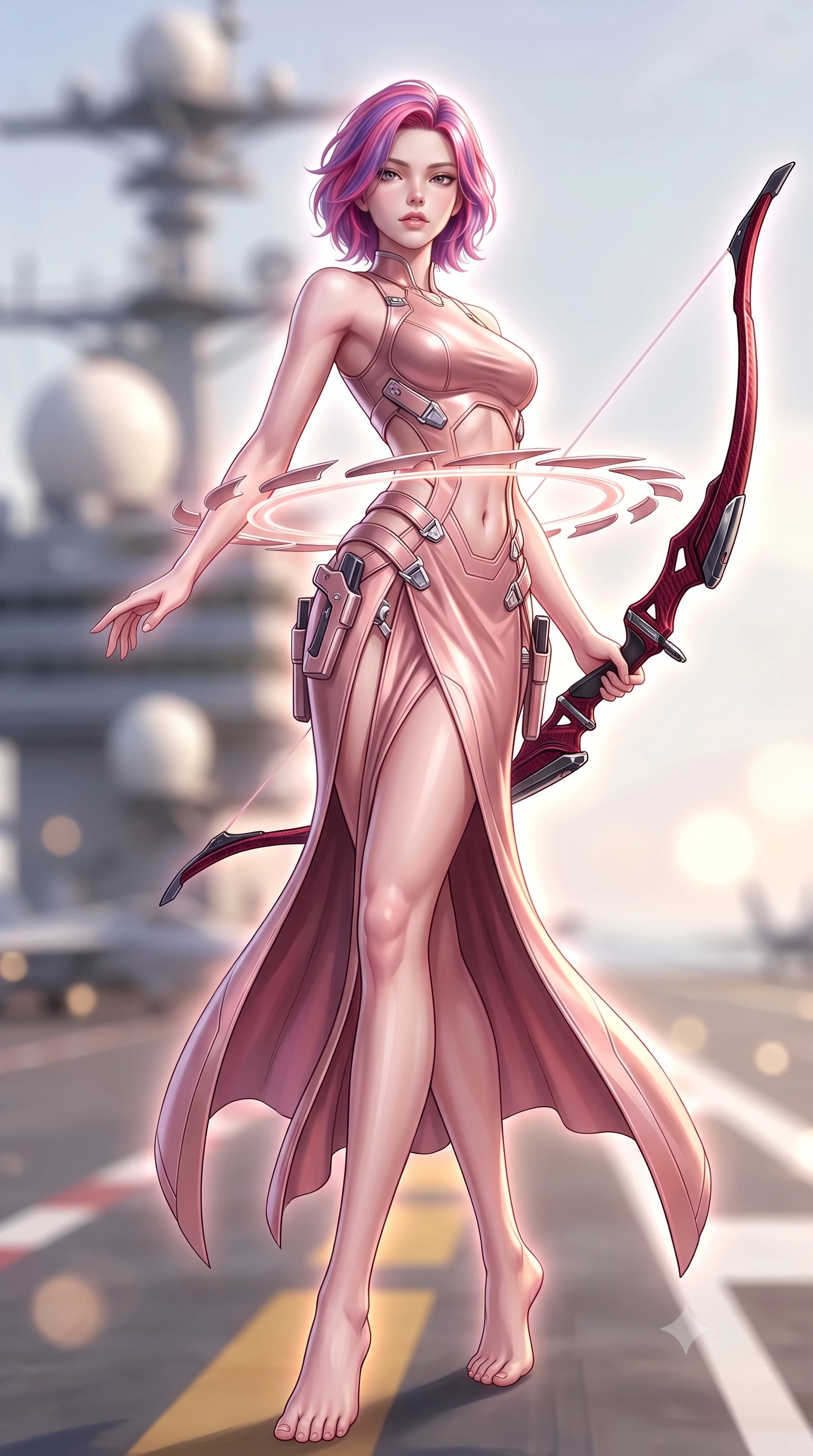 score_9, masterpiece, best quality, ultra-detailed, high-budget anime keyframe, semi-realistic 3D game render, editorial fashion photography, tasteful artistic composition, Caucasian woman. low angle full-body shot from head to toe showing her feet, filling the entire 9:16 vertical frame with her statuesque presence, stretching her vertical silhouette. arching her spine in a fluid zero-gravity combat turn with sovereign grace, her long slender legs and sculpted torso creating a sweeping line of power while pivoting dynamically as the orbiting funnel blades align into a radiant protective ring around her slender waist. The composition keeps background elements in soft focus with creamy bokeh. carrier deck catapult tracks and radar radomes softened in luminous shallow depth of field. She has an absolutely perfect, statuesque 8.5-heads proportion, an exceptionally tall and slender model-like female figure with impossibly long slender legs, a toned flat midriff, and an ultra-slim waist. sharp v-shaped jawline, high-bridge nose, intricate jewel-like eyes with depth, thick eyelashes, glossy lips with a natural sheen, flawlessly proportioned anatomical accuracy, strict slender model proportions, natural body alignment, perfectly sculpted long slender limbs, ultra-slim waistline, clean dynamic posture without body distortion. wearing a form-fitting luminous rose-gold carbon combat gown with tactical side slits, wielding a floating magnetic energy bow with celestial poise in deep crimson carbon weave with specular dark chrome accents, made of lightweight aerodynamic carbon-titanium alloy with polished edge bevels, detailed with magnetic weapon holsters and polished chrome connection clasps, the precision-cut daring openings accentuating her delicate midriff, graceful bare collarbones, and ultra-slim feminine waistline. surrounded by an elevated, supreme, and radiantly commanding aerospace goddess aura. rich saturated anime colors with glowing neon highlights, detailed shading with soft gradients, rich glossy textures, high-contrast stereoscopic depth, volumetric dynamic lighting, master piece, 9:16 ratio