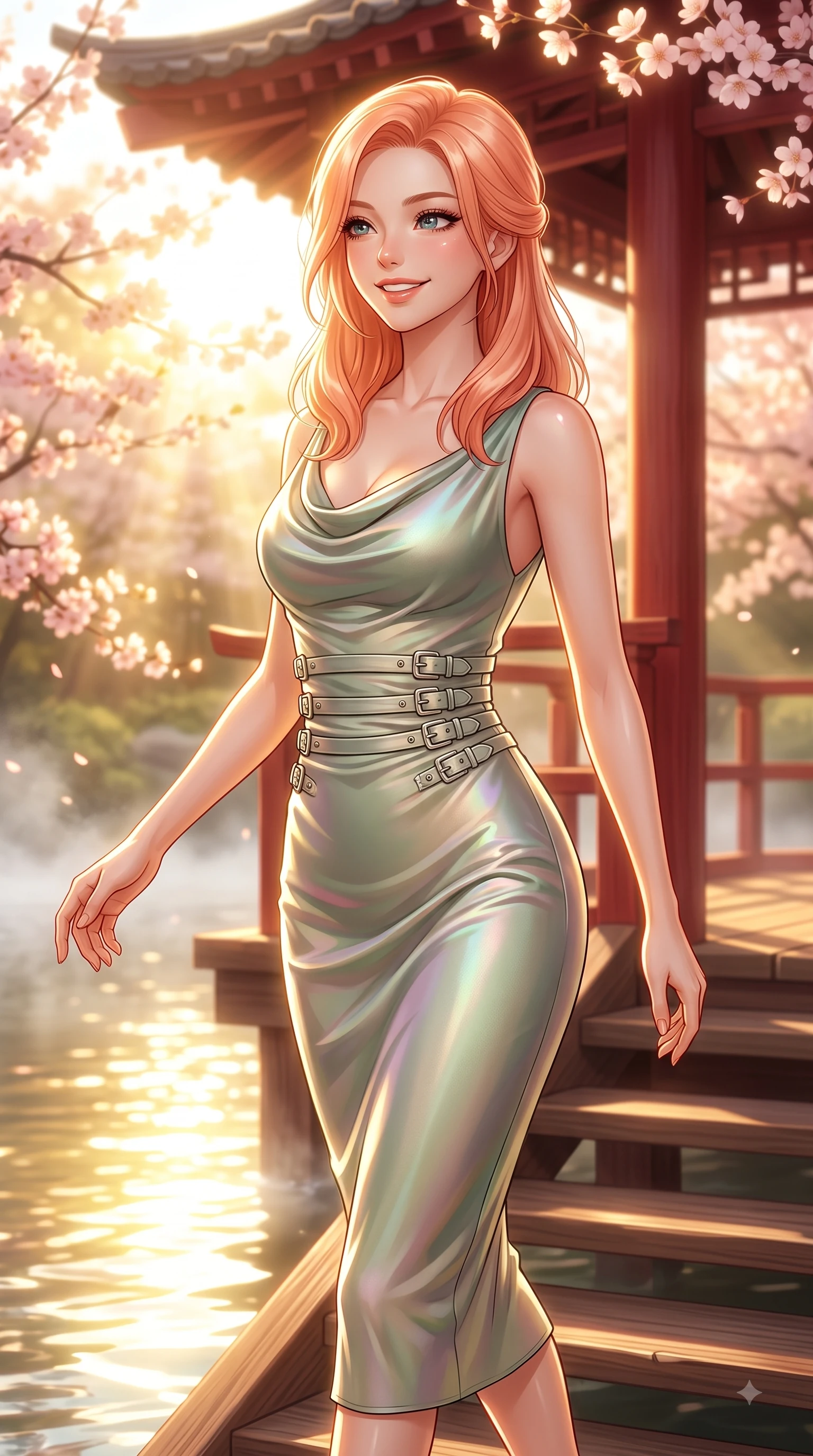 score_9, masterpiece, best quality, ultra-detailed, high-budget anime keyframe, editorial fashion photography, tasteful artistic composition, Japanese woman. close-up cowboy shot from the waist and thighs up, the character dominates the composition, filling the frame with her large presence, background elements kept in soft focus. Warm delightful smile while casting a playful, joyful side-gaze with heavy lashes and a glowing expression while pivoting gracefully on the steps of a traditional red wooden pavilion with a warm smile, morning mist floating gently over the water surface, capturing bright golden light. She has an exceptionally elegant, slender, and willowy female figure with an ultra-slim waist, a gracefully sculpted slender torso, and a refined silhouette. sharp v-shaped jawline, high-bridge nose, intricate jewel-like eyes with depth, thick eyelashes, glossy lips with a natural sheen, flawlessly proportioned anatomical accuracy, natural body alignment, perfectly sculpted elegant limbs, clean dynamic posture without body distortion. wearing an elegant cowl-neck satin midi dress with a graceful draped neckline in sage green and oatmeal, crafted from iridescent chiffon that shifts colors in the light, detailed with polished silver buckles along the waistline, the glove-like fit emphasizing her statuesque silhouette during motion. bathed in bright morning sunbeams and warm golden sakura backlighting. ultra-reflective glossy finish, specular highlights, metallic sheen, high-contrast stereoscopic depth, volumetric dynamic lighting, 2k, ultra detail, master piece, 9:16 ratio
