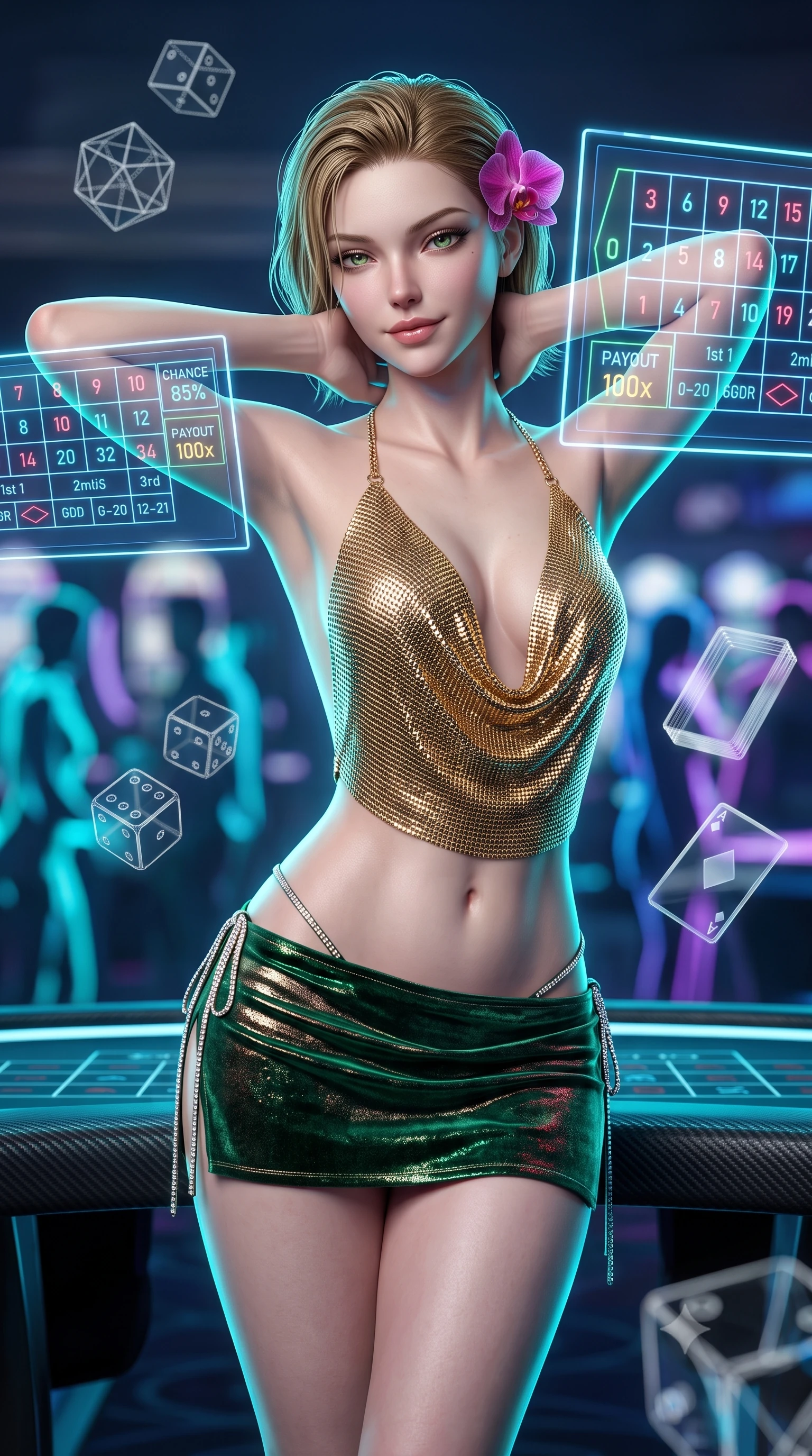 score_9, masterpiece, best quality, ultra-detailed, high-budget anime keyframe, semi-realistic 3D game render, editorial fashion photography, tasteful artistic composition, Caucasian woman. close-up cowboy shot from the waist and thighs up, the character dominates the composition, filling the frame with her large presence. resting both hands lightly behind her neck with elbows raised, arching her spine to highlight her narrow waist, flat midriff, and breathtaking collarbones while leaning over the sleek carbon table edge with hips cocked back, looking through floating neon betting grids with an irresistible bedroom-smile. The background shows a soft-focus floating geometric dice wireframes, levitating acrylic card decks, and moving neon patrons blurred into cyan, violet, and electric silver bokeh. She has an exceptionally elegant, slender, and willowy female figure with an ultra-slim waist, flat toned midriff, narrow ribcage, and sculpted feminine hips creating an alluring, slim hourglass silhouette without bulk. sharp v-shaped jawline, high-bridge nose, sparkling eyes with hypnotic seductive depth, thick curled eyelashes, glossy parted lips with a natural dewy peach sheen, alluring bedroom-eyes with an enchanting coquettish smile, exuding magnetic siren charisma and sophisticated glamour, flawlessly proportioned anatomical accuracy, strict slender model proportions, natural body alignment, perfectly sculpted long slender limbs, ultra-slim waistline, clean dynamic posture without body distortion. wearing a plunging cowl-neck liquid gold chainmail halter top paired with an ultra-low-rise velvet mini skirt and side rhinestone ties in casino emerald green and metallic champagne gold with ruby glints, made of semi-opaque stretch illusion mesh with soft shadowy contours, accented with a fresh-bloomed exotic magenta orchid tucked gracefully into her dark glossy hair, the glove-like clinging cut tightly following the natural contour of her hips and long slender legs with youthful 8.5-heads elegance. illuminated by holographic glow fill and sharp electric-cyan rim lights defining her razor-sharp jawline, narrow waist, and curvy hips. highly saturated vibrant anime colors, detailed shading with soft gradients, rich glossy textures, high-contrast stereoscopic depth, volumetric dynamic lighting, master piece, 9:16 ratio
