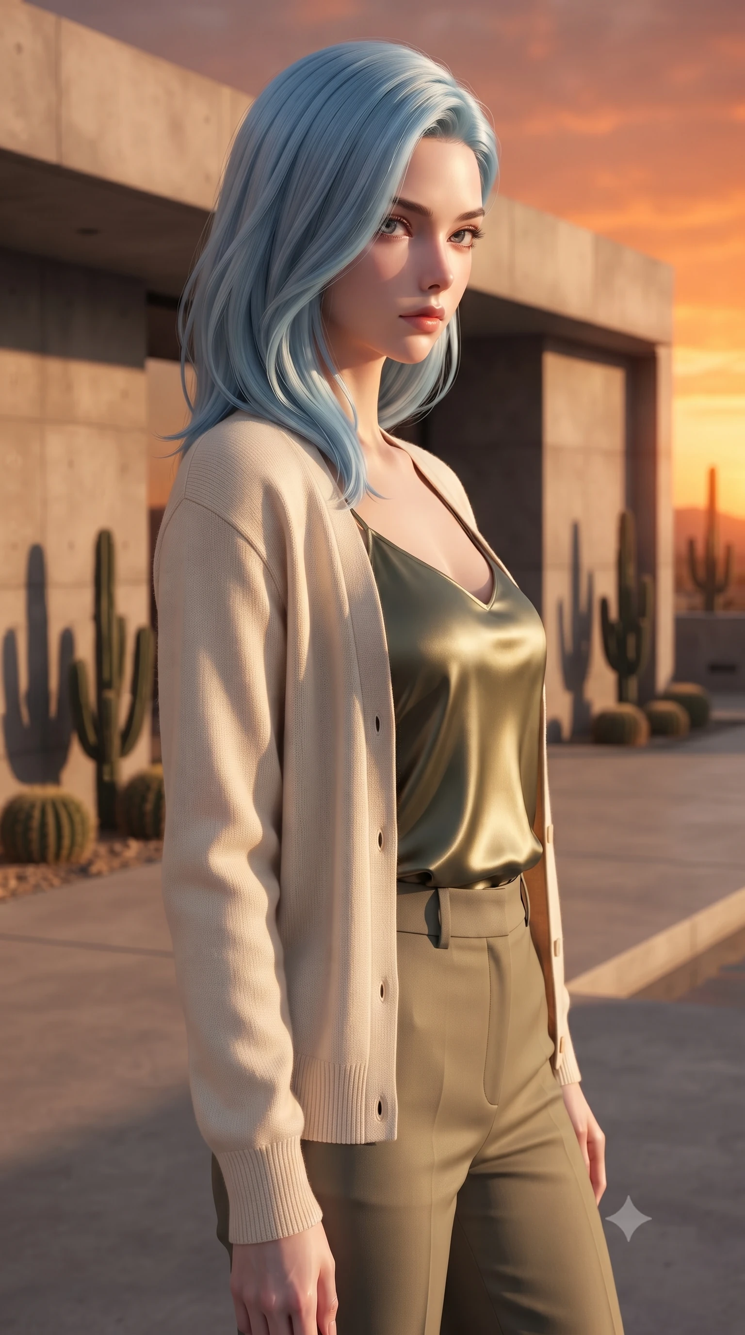 score_9, masterpiece, best quality, ultra-detailed, high-budget anime keyframe, editorial fashion photography, tasteful artistic composition, Korean woman woman. close-up cowboy shot from the waist and thighs up, the character dominates the composition, filling the frame with her large presence, background elements kept in soft focus. turning her face in sharp profile, casting a cold, mysterious, yet intensely alluring side gaze, the background shows a soft-focus a patio of a modern concrete villa in the desert, with minimalist cacti landscaping. She has an exceptionally elegant, slender, and willowy female figure with an ultra-slim waist, a gracefully sculpted slender torso, and a refined silhouette. sharp v-shaped jawline, high-bridge nose, intricate jewel-like eyes with depth, thick eyelashes, glossy lips with a natural sheen. wearing a tailored comfortable cream knit cardigan worn over an olive green silk camisole and tailored trousers. the dramatic orange glow of a desert sunset casting long shadows of the cacti. ultra-reflective glossy finish, specular highlights, metallic sheen, high-contrast stereoscopic depth, volumetric dynamic lighting, 2k, ultra detail, master piece, 9:16 ratio