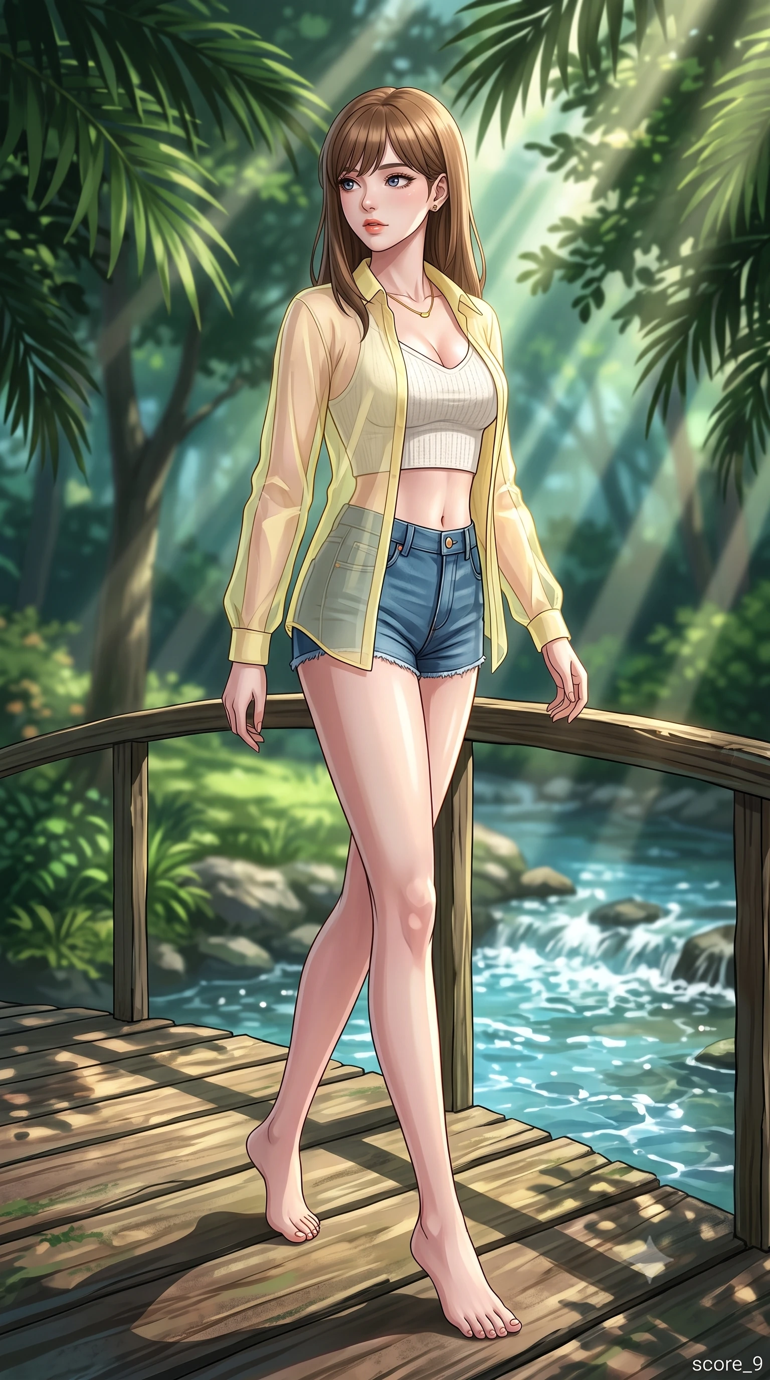 score_9, masterpiece, best quality, ultra-detailed, high-budget anime keyframe, tasteful artistic composition, Korean woman. low angle full-body shot from head to toe showing her feet, filling the entire 9:16 vertical frame with her statuesque presence, stretching her vertical silhouette. stepping gracefully while looking back over her shoulder, her dress draped tightly to reveal her silhouette the background shows a soft-focus a rustic wood bridge over a bubbling creek in a private estate garden. She has an absolutely perfect, statuesque 8.5-heads proportion, an exceptionally tall and slender model-like female figure with impossibly long slender legs and an ultra-slim waist. sharp v-shaped jawline, high-bridge nose, intricate jewel-like eyes with depth, thick eyelashes, glossy lips with a natural sheen. wearing a slim-fit sheer organza shirt in pale yellow worn open over a knit crop top and micro-shorts. sun rays slicing through the tree fronds, creating dramatic volumetric shafts of light. highly saturated vibrant anime colors, cel-shading, 2d style, master piece, 9:16 ratio