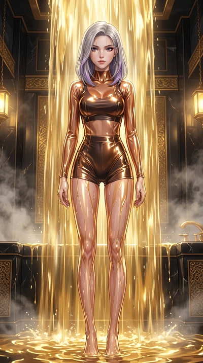 score_9, masterpiece, best quality, ultra-detailed, High-budget Anime Keyframe, Caucasian woman, strictly human ears. Low angle cowboy shot filling the entire 9:16 frame with her statuesque presence. Scenario 497: standing under a waterfall of liquid
