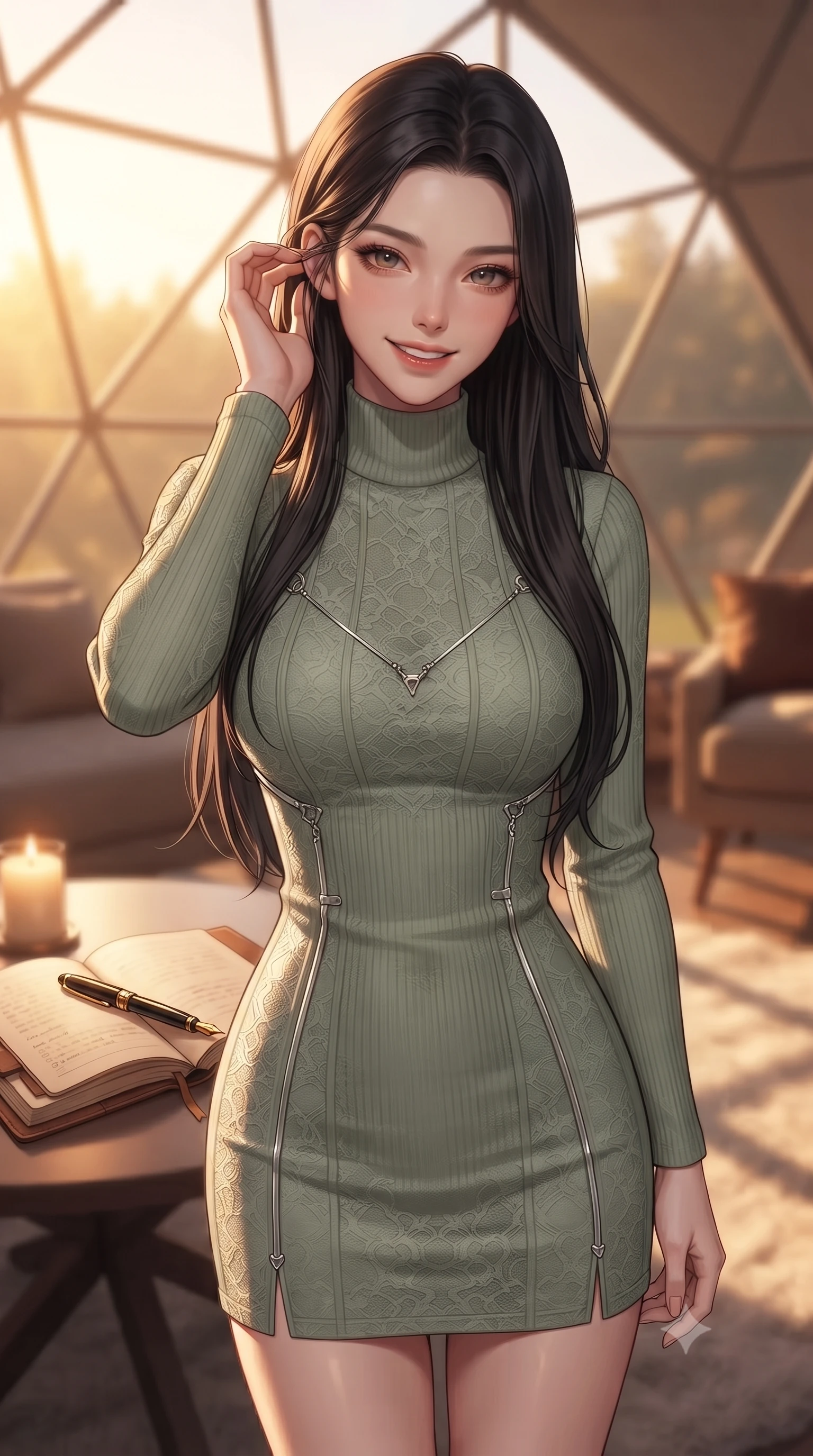 score_9, masterpiece, best quality, ultra-detailed, high-budget anime keyframe, editorial fashion photography, tasteful artistic composition, Korean woman. close-up cowboy shot from the waist and thighs up, the character dominates the composition, filling the frame with her large presence, background elements kept in soft focus. flashing a warm, intoxicating grin while gently tucking a strand of hair behind her ear set against a soft-focus background of inside an exclusive geodesic dome with an open leather journal and a gold fountain pen sitting next to a candle. She has an exceptionally elegant, slender, and willowy female figure with an ultra-slim waist, a gracefully sculpted slender torso, and a refined silhouette. sharp v-shaped jawline, high-bridge nose, intricate jewel-like eyes with depth, thick eyelashes, glossy lips with a natural sheen. wearing slim-fit sage green delicate lace form-fitting ribbed knit turtleneck dress outlining her slender silhouette accented with delicate silver hardware. bathed in warm golden hour sunbeams that cast long, romantic shadows across the floor. ultra-reflective glossy finish, specular highlights, metallic sheen, high-contrast stereoscopic depth, volumetric dynamic lighting, 2k, ultra detail, master piece, 9:16 ratio