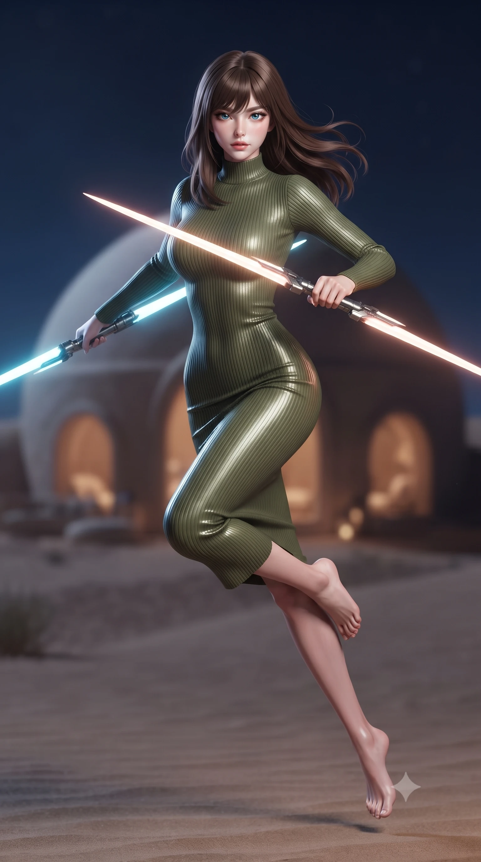 score_9, masterpiece, best quality, ultra-detailed, high-budget anime keyframe, editorial fashion photography, tasteful artistic composition, Korean woman. low angle full-body shot from head to toe showing her feet, filling the entire 9:16 vertical frame with her statuesque presence, stretching her vertical silhouette. leaping forward while slashing with a twin-bladed plasma sword in mid-air, her body-contouring suit showing her athletic silhouette, the background shows a soft-focus a desert dome bedroom built in the middle of a vast sand desert at night. She has an absolutely perfect, statuesque 8.5-heads proportion, an exceptionally tall and slender model-like female figure with impossibly long slender legs and an ultra-slim waist. sharp v-shaped jawline, high-bridge nose, intricate jewel-like eyes with depth, thick eyelashes, glossy lips with a natural sheen. wearing a body-hugging body-hugging ribbed carbon-fiber knit bodycon midi dress in olive green, featuring a snug mock-neck. soft silver moonlight wrapping her silhouette in a cool cosmic glow. ultra-reflective glossy finish, specular highlights, metallic sheen, high-contrast stereoscopic depth, volumetric dynamic lighting, 2k, ultra detail, master piece, 9:16 ratio