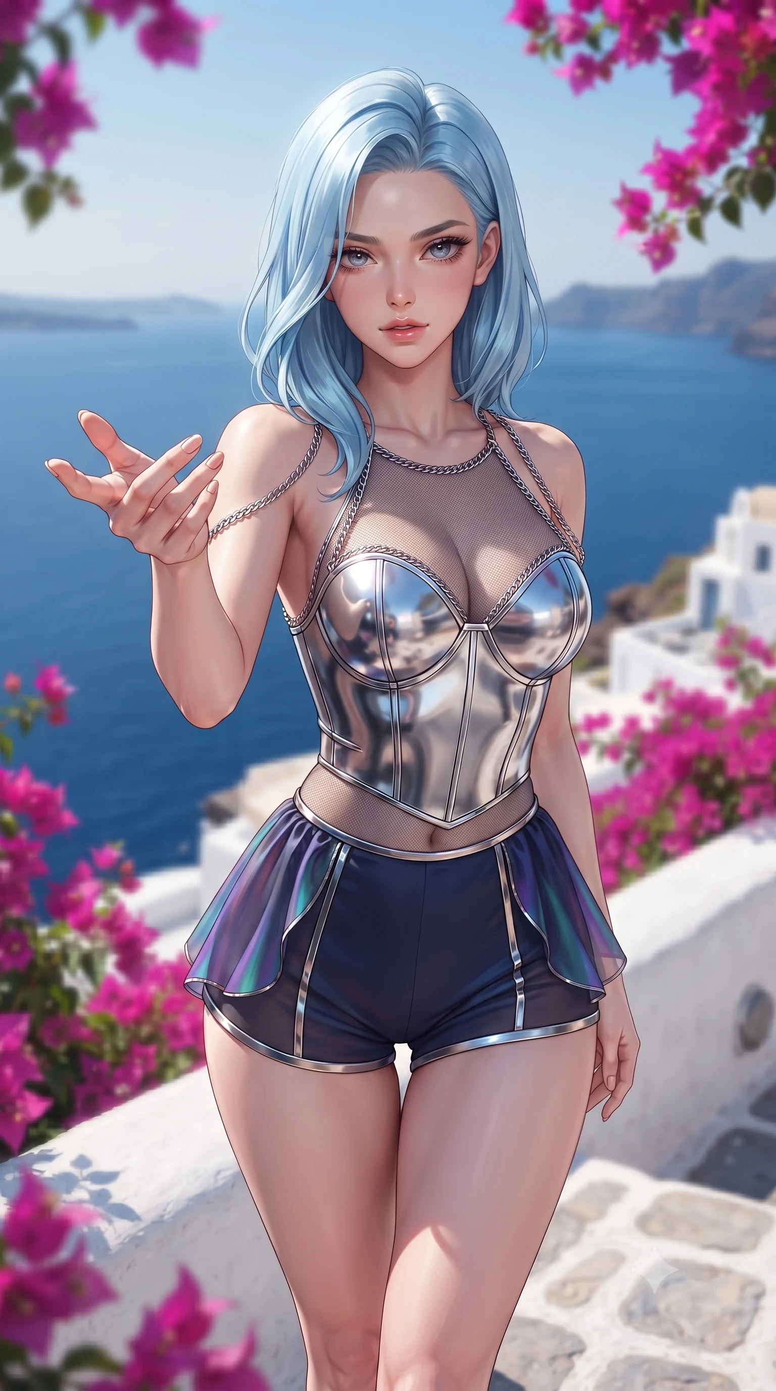score_9, masterpiece, best quality, ultra-detailed, high-budget anime keyframe, editorial fashion photography, tasteful artistic composition, Korean woman. close-up cowboy shot from the waist and thighs up, the character dominates the composition, filling the frame with her large presence, background elements kept in soft focus. Reaching one hand gracefully toward the viewer with effortless superiority and allure standing on a whitewashed stone terrace overlooking the deep blue Aegean sea, vivid magenta bougainvillea flowers creating colorful organic framing. She has an exceptionally elegant, slender, and willowy female figure with an ultra-slim waist, a gracefully sculpted slender torso, and a refined silhouette. sharp v-shaped jawline, high-bridge nose, intricate jewel-like eyes with depth, thick eyelashes, glossy lips with a natural sheen. wearing a chrome-plated structured bodice worn over a sheer mesh top and micro-shorts in midnight navy blue and chrome trim, crafted from iridescent chiffon that shifts colors in the light, adorned with delicate metallic chain straps along the neckline, the sleek second-skin texture accentuating her magnetic presence. surrounded by a clear, sun-drenched atmosphere with crisp shadows. highly saturated vibrant anime colors, detailed shading with soft gradients, rich glossy textures, high-contrast stereoscopic depth, volumetric dynamic lighting, master piece, 9:16 ratio