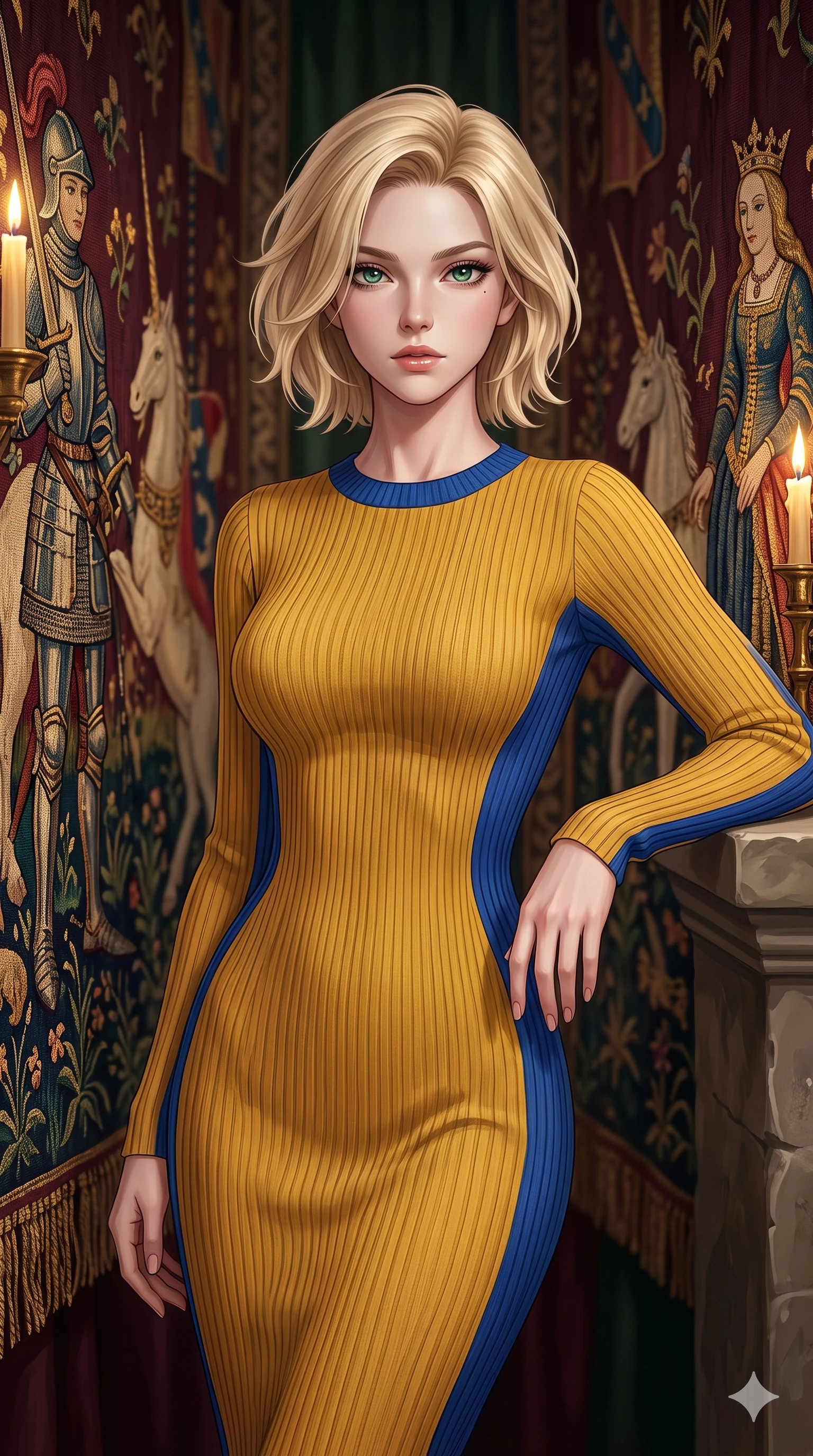 score_9, masterpiece, best quality, ultra-detailed, high-budget anime keyframe, editorial fashion photography, tasteful artistic composition, Caucasian woman, strictly human ears. close-up cowboy shot from the waist and thighs up, the character dominates the composition, filling the frame with her large presence, background elements kept in soft focus. Resting one arm elegantly against a surface with a poised relaxed stance. set against a soft-focus background of navigating through towering walls made of animated medieval tapestries where richly embroidered figures of knights unicorns and queens move gesture and follow with their stitched eyes. She has an exceptionally elegant and slender, willowy female figure with an ultra-slim waist, a gracefully sculpted slender torso, and a refined slim physique. sharp v-shaped jawline, high-bridge nose, intricate jewel-like eyes with depth, thick eyelashes, glossy lips with a natural sheen. wearing a body-hugging ribbed knit dress in a striking mustard yellow and royal blue colorway, sculpting her slender proportions with sophisticated restraint. warm candlelight glow emanating from golden thread in the tapestries creating a rich medieval atmosphere with deep burgundy and forest green ambient tones. 2k, ultra detail, master piece, 9:16 ratio