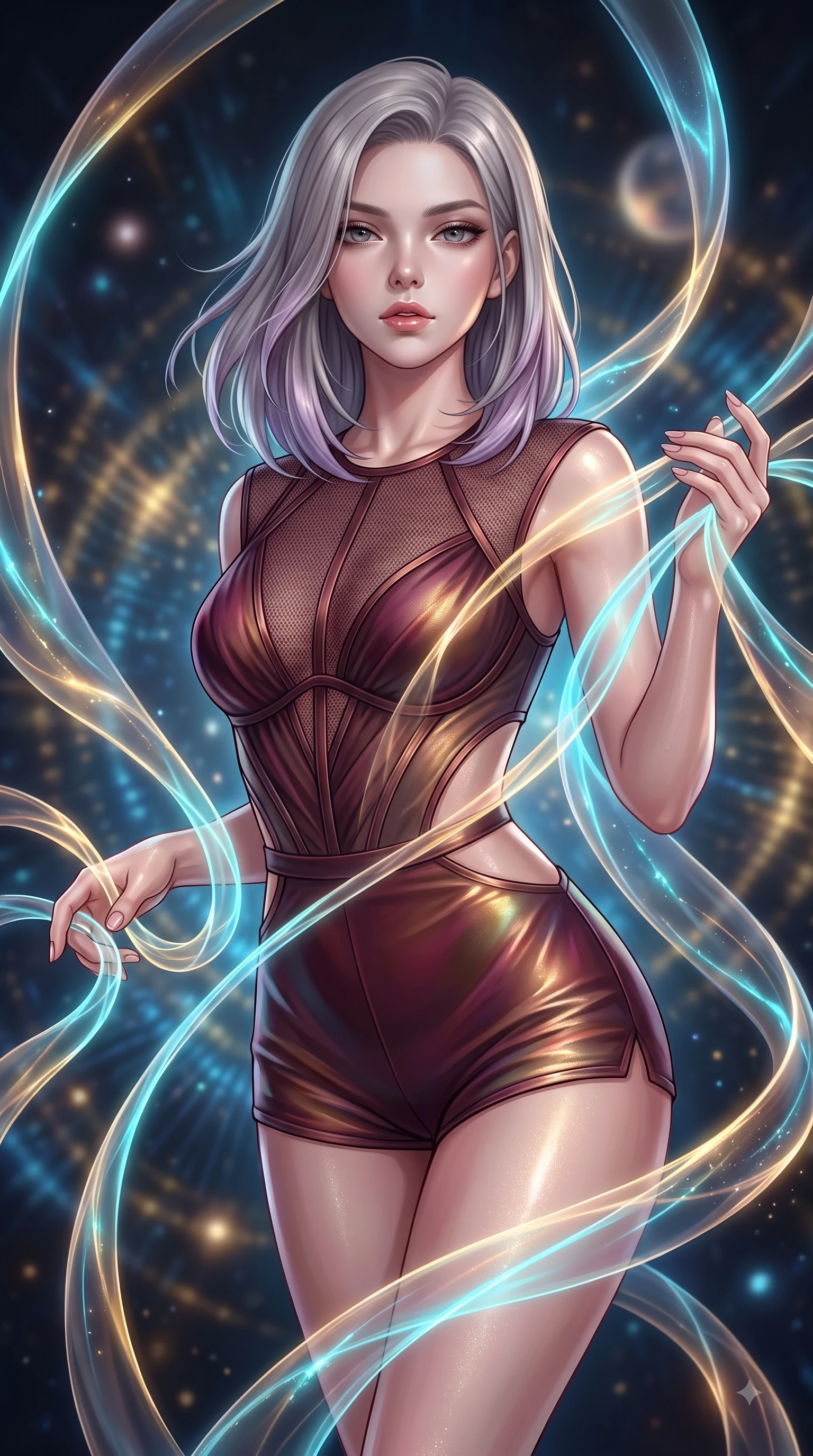 score_9, masterpiece, best quality, ultra-detailed, high-budget anime keyframe, editorial fashion photography, tasteful artistic composition, Caucasian woman. close-up cowboy shot from the waist and thighs up, the character dominates the composition, filling the frame with her large presence, background elements kept in soft focus. Leaning forward gracefully with lips parted, casting a smoldering magnetic gaze directly into the lens while navigating a maze of glowing silk ribbons that pulse to a cosmic rhythm with effortless grace, translucent silk ribbons swirling around her body like light streams. She has an exceptionally elegant, slender, and willowy female figure with an ultra-slim waist, a gracefully sculpted slender torso, and a refined silhouette. sharp v-shaped jawline, high-bridge nose, intricate jewel-like eyes with depth, thick eyelashes, glossy lips with a natural sheen, flawlessly proportioned anatomical accuracy, natural body alignment, perfectly sculpted elegant limbs, clean dynamic posture without body distortion. wearing a delicate see-through mesh top with structured cup boning and micro-shorts in deep burgundy and bronze, crafted from iridescent chiffon that shifts colors in the light, featuring clean architectural cutouts along her slender torso, the form-contouring material highlighting her ultra-slim waist and long lines. illuminated by the brilliant glow of cyan and gold luminescent plasma threads. ultra-reflective glossy finish, specular highlights, metallic sheen, high-contrast stereoscopic depth, volumetric dynamic lighting, 2k, ultra detail, master piece, 9:16 ratio