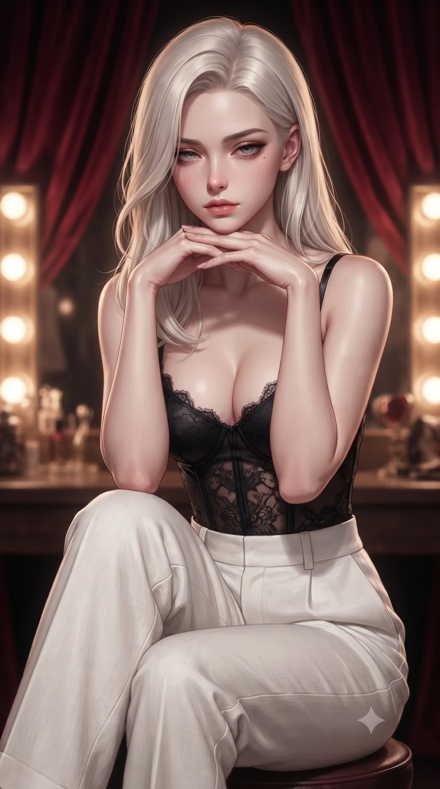 score_9, masterpiece, best quality, ultra-detailed, high-budget anime keyframe, editorial fashion photography, tasteful artistic composition, Caucasian woman. close-up cowboy shot from the waist and thighs up, the character dominates the composition, filling the frame with her large presence, background elements kept in soft focus. resting her chin on the backs of her fingers, casting a heavy-lidded, sultry look past the camera the background shows a soft-focus an old theater dressing room with heavy red velvet drapes and lit vanity mirrors. She has an exceptionally elegant, slender, and willowy female figure with an ultra-slim waist, a gracefully sculpted slender torso, and a refined silhouette. sharp v-shaped jawline, high-bridge nose, intricate jewel-like eyes with depth, thick eyelashes, glossy lips with a natural sheen. wearing a form-contouring delicate lace corset top in black silk, paired with high-waisted white linen trousers. soft vanity lighting reflecting off mirrors to create a glowing frame. ultra-reflective glossy finish, specular highlights, metallic sheen, high-contrast stereoscopic depth, volumetric dynamic lighting, 2k, ultra detail, master piece, 9:16 ratio