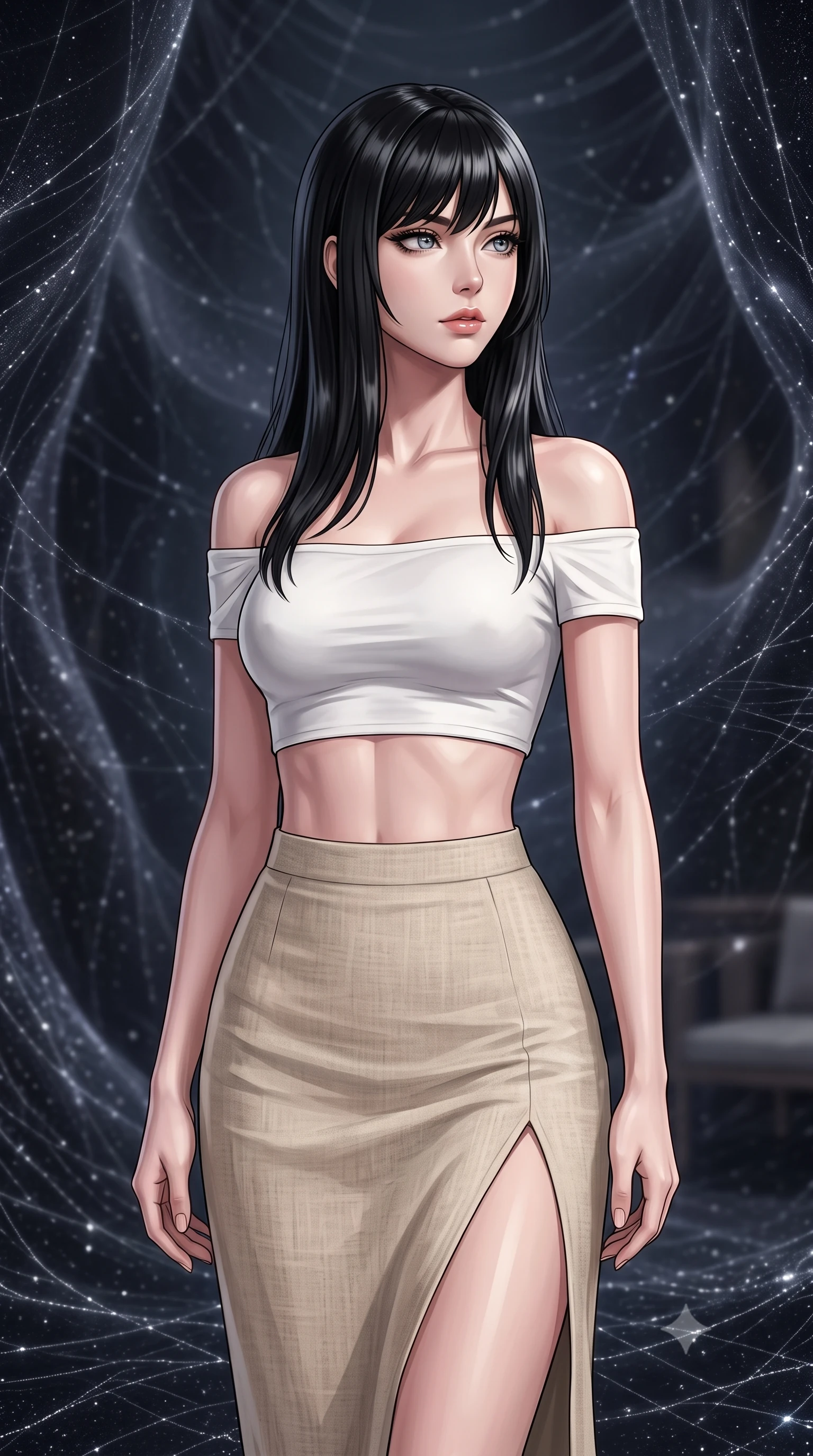 score_9, masterpiece, best quality, ultra-detailed, high-budget anime keyframe, editorial fashion photography, tasteful artistic composition, Caucasian woman, strictly human ears. close-up cowboy shot from the waist and thighs up, the character dominates the composition, filling the frame with her large presence, background elements kept in soft focus. Gazing past the camera with an air of effortless superiority. set against a soft-focus background of a chamber woven entirely from visible dark matter that shimmers like the darkest silk threaded with captured starlight the walls undulating slowly like cosmic fabric breathing in gravitational waves. She has an exceptionally elegant and slender, willowy female figure with an ultra-slim waist, a gracefully sculpted slender torso, and a refined slim physique. sharp v-shaped jawline, high-bridge nose, intricate jewel-like eyes with depth, thick eyelashes, glossy lips with a natural sheen. wearing a white off-shoulder crop top paired with a high-waisted beige linen skirt featuring a high side slit. subtle starlight threads woven into the dark matter fabric creating a network of fine luminous lines against absolute darkness like a constellation map made textile. 2k, ultra detail, master piece, 9:16 ratio
