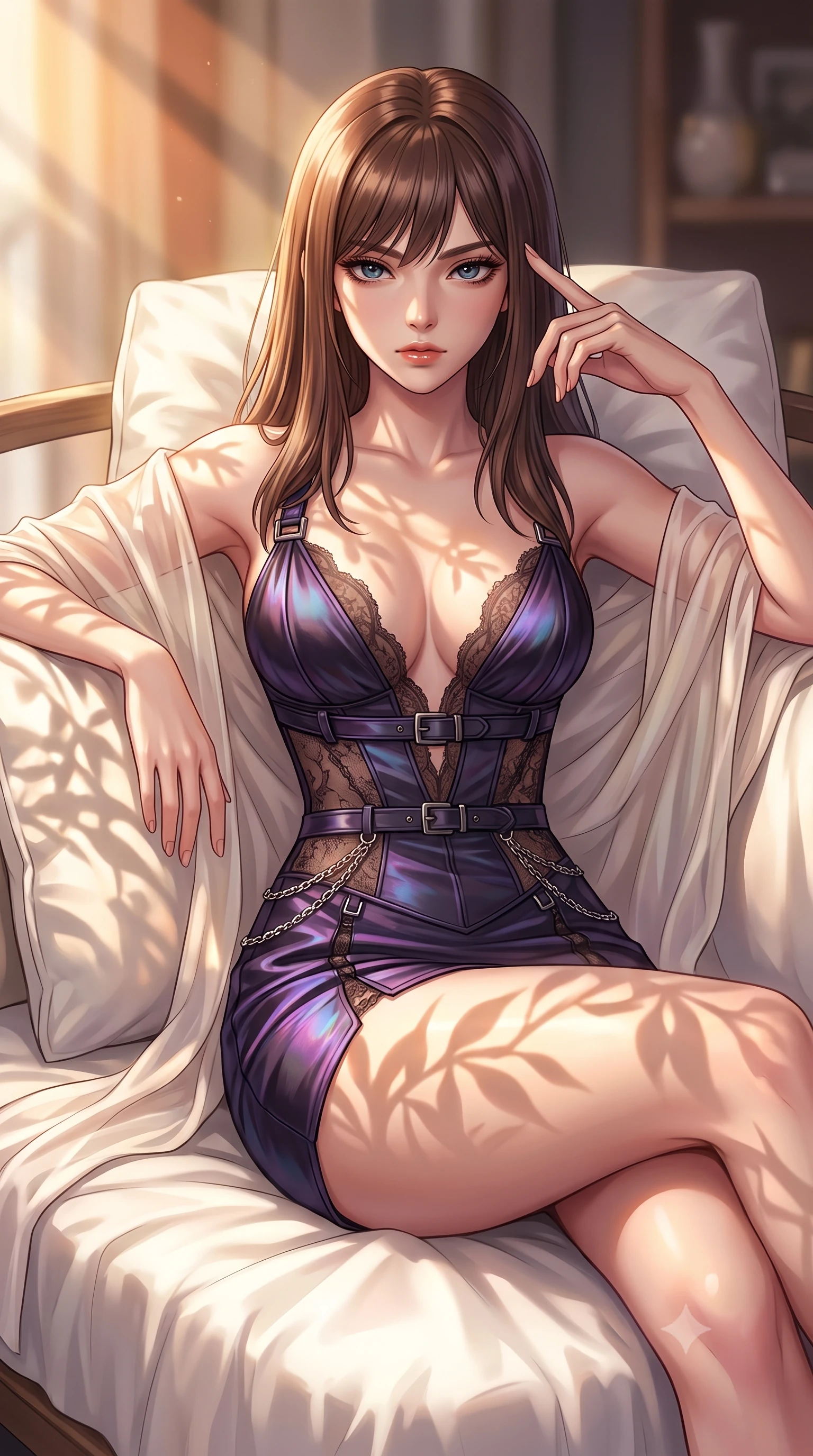 score_9, masterpiece, best quality, ultra-detailed, high-budget anime keyframe, editorial fashion photography, tasteful artistic composition, Korean woman. close-up cowboy shot from the waist and thighs up, the character dominates the composition, filling the frame with her large presence, background elements kept in soft focus. Pressing two fingers to her temple in a composed, sharp thoughtful gesture, lounging on a white linen daybed as warm afternoon sunbeams flood the room, sheer ivory fabric gently wrapping around her slender athletic build. She has an exceptionally elegant, slender, and willowy female figure with an ultra-slim waist, a gracefully sculpted slender torso, and a refined silhouette. sharp v-shaped jawline, high-bridge nose, intricate jewel-like eyes with depth, thick eyelashes, glossy lips with a natural sheen. wearing deep V-neck corset bodice mini dress with sheer dark lace panels in midnight navy blue, made of iridescent dark violet taffeta, framed by dark titanium buckles and silver chain details, the fitted fabric emphasizing her ultra-slim waist. lit by golden-hour sunlight casting graceful organic leaf shadows. highly saturated vibrant anime colors, detailed shading with soft gradients, rich glossy textures, high-contrast stereoscopic depth, volumetric dynamic lighting, master piece, 9:16 ratio