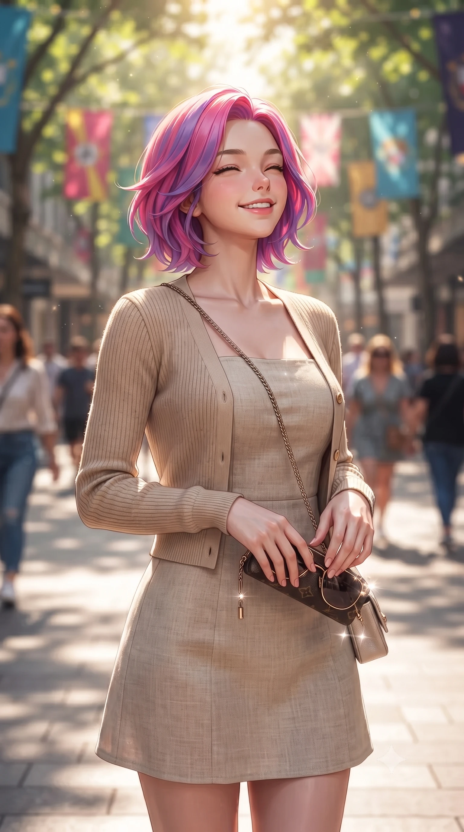 score_9, masterpiece, best quality, ultra-detailed, high-budget anime keyframe, editorial fashion photography, tasteful artistic composition, Caucasian woman. close-up cowboy shot from the waist and thighs up, the character dominates the composition, filling the frame with her large presence, background elements kept in soft focus. smiling happily with closed eyes, enjoying the warm sunbeams on her face set against a soft-focus background of walking down a pedestrian shopping boulevard with colorful flags overhead holding a cute designer sunglasses case and a small chain bag. She has an exceptionally elegant, slender, and willowy female figure with an ultra-slim waist, a gracefully sculpted slender torso, and a refined silhouette. sharp v-shaped jawline, high-bridge nose, intricate jewel-like eyes with depth, thick eyelashes, glossy lips with a natural sheen. wearing body-hugging cozy knit cardigan in beige, layered over a casual linen dress. dappled sunlight filtering through the street trees, casting soft shadows. ultra-reflective glossy finish, specular highlights, metallic sheen, high-contrast stereoscopic depth, volumetric dynamic lighting, 2k, ultra detail, master piece, 9:16 ratio
