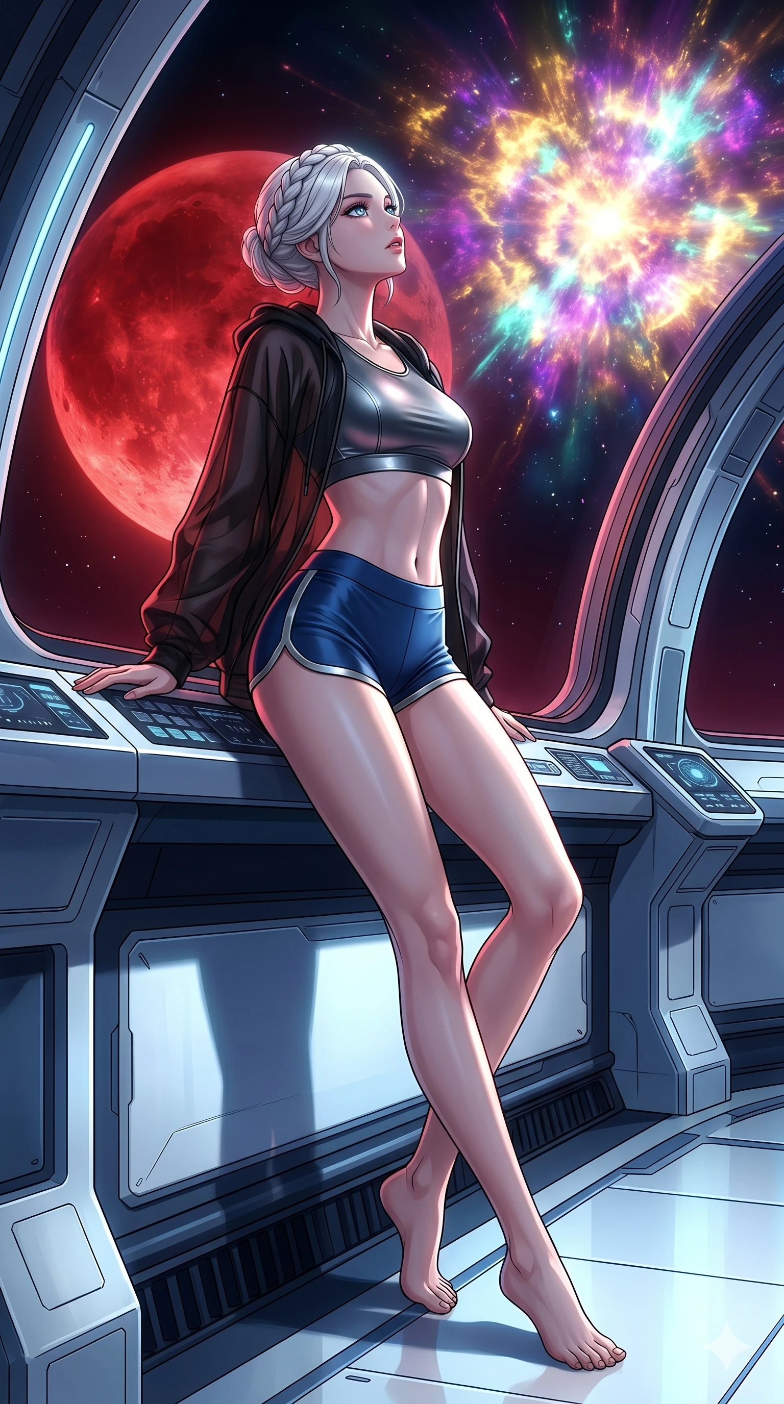 score_9, masterpiece, best quality, ultra-detailed, high-budget anime movie keyframe, cinematic anime lighting, intricate line art, Japanese woman. Dynamic full-body shot stretching the vertical silhouette across the 9:16 frame. observing a supernova in a futuristic orbital station under a blood moon. She has an absolutely perfect 8-heads proportion, an exceptionally tall and slender female figure with an ultra-slim waist and impossibly long slender legs. sharp v-shaped jawline, high-bridge nose, intricate jewel-like eyes, thick eyelashes, glossy lips. Wearing premium athleisure set with a metallic-finish compression top, high-cut yoga shorts that accentuate her long legs, and a sheer oversized hoodie. The scene is illuminated by dramatic atmospheric lighting and vibrant color palettes. , 2k, ultra detail, master piece, 9:16 ratio