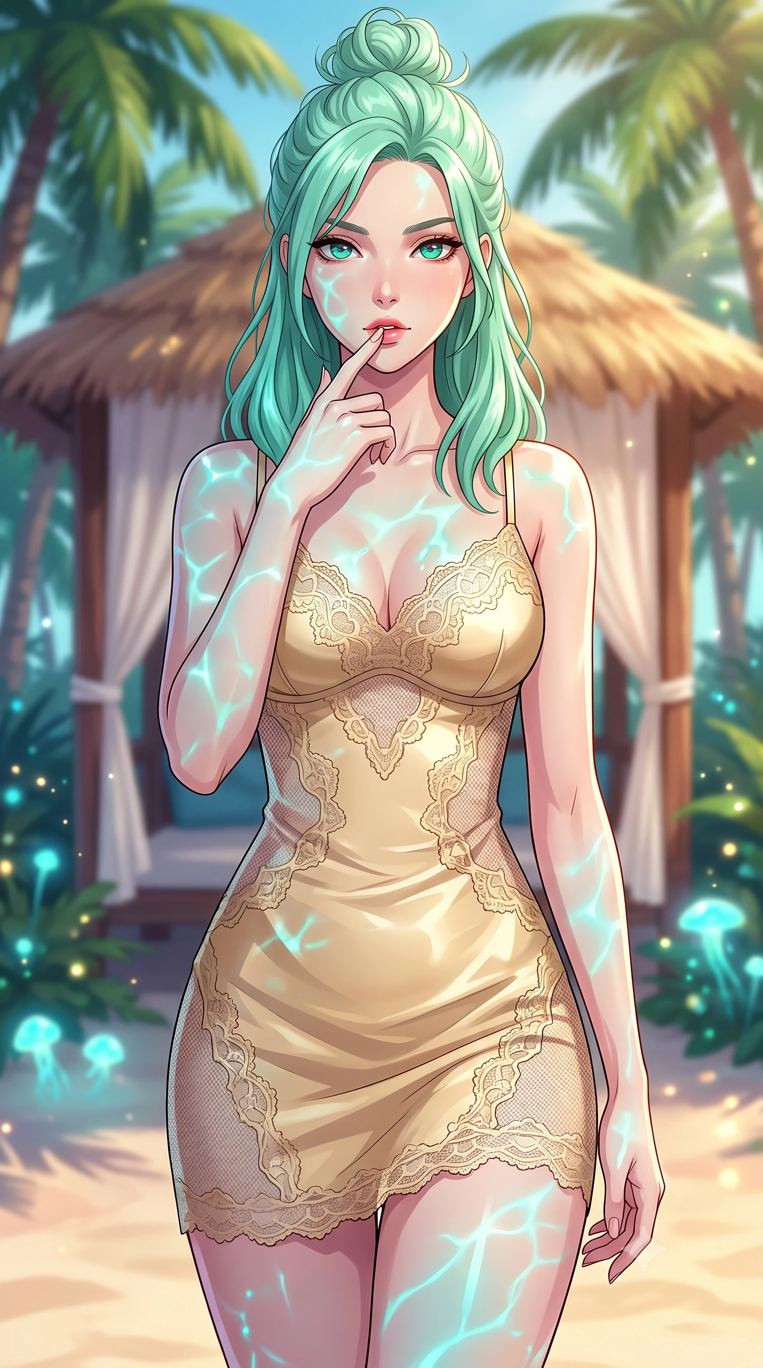 score_9, masterpiece, best quality, ultra-detailed, high-budget anime keyframe, tasteful artistic composition, Japanese woman. close-up cowboy shot from the waist and thighs up, the character dominates the composition, filling the frame with her large presence, background elements kept in soft focus. pressing one finger to her bottom lip in a thoughtful, seductive gesture under the warm sun the background shows a soft-focus a secluded beachside cabana surrounded by palm trees and glowing sea plankton. She has an exceptionally elegant, slender, and willowy female figure with an ultra-slim waist, a gracefully sculpted slender torso, and a refined silhouette. sharp v-shaped jawline, high-bridge nose, intricate jewel-like eyes with depth, thick eyelashes, glossy lips with a natural sheen. wearing a tailored delicate lace-accented slip dress in champagne gold, featuring a semi-transparent mesh underlay. shifting turquoise light reflections from the water surface mapping across her features. highly saturated vibrant anime colors, cel-shading, 2d style, master piece, 9:16 ratio
