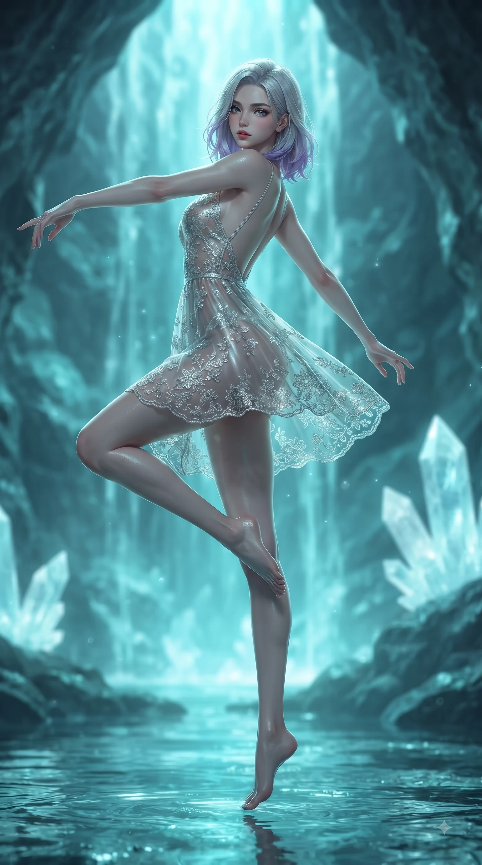 score_9, masterpiece, best quality, ultra-detailed, high-budget anime keyframe, editorial fashion photography, tasteful artistic composition, Caucasian woman woman. low angle full-body shot from head to toe showing her feet, filling the entire 9:16 vertical frame with her statuesque presence, stretching her vertical silhouette. She has an absolutely perfect, statuesque 8.5-heads proportion, an exceptionally tall and slender model-like female figure with impossibly long slender legs and an ultra-slim waist. mid-air spin above the reflective floor, maintaining an athletic and perfectly balanced poise, flawlessly proportioned anatomical accuracy, natural body alignment, perfectly sculpted elegant limbs, clean dynamic posture without body distortion. set against a soft-focus background of a hidden cave with cascading luminescent water and crystal quartz. wearing a semi-opaque sheer overlay micro-dress with delicate floral lace embroidery and low back. bathed in glowing aqua bioluminescence reflecting off wet rock walls. ultra-reflective glossy finish, specular highlights, metallic sheen, high-contrast stereoscopic depth, volumetric dynamic lighting, 2k, ultra detail, master piece, 9:16 ratio